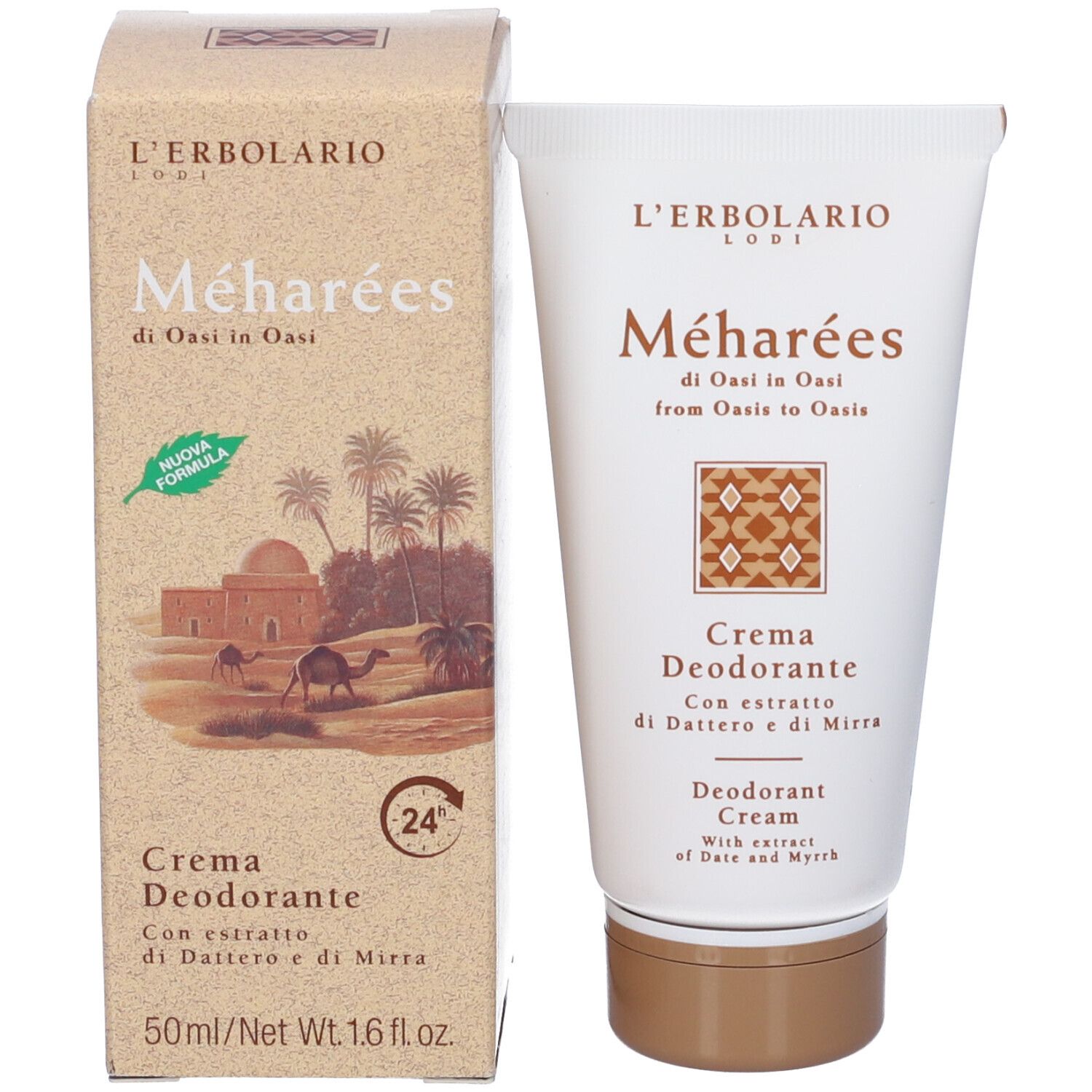 Confezione e tubo del prodotto. Scatola e tubo con testo: Méharées, Crema Deodorante, con estratto di dattero e mirra, 50ml.