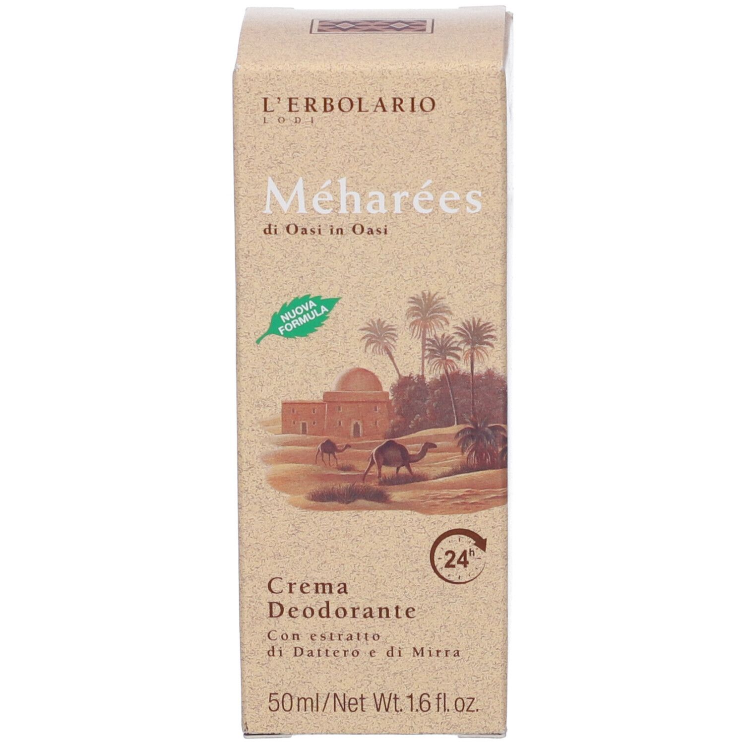 Confezione in cartone. Testo: Méharées, Crema Deodorante, con estratto di dattero e mirra, 50ml. Illustrazione: paesaggio desertico.