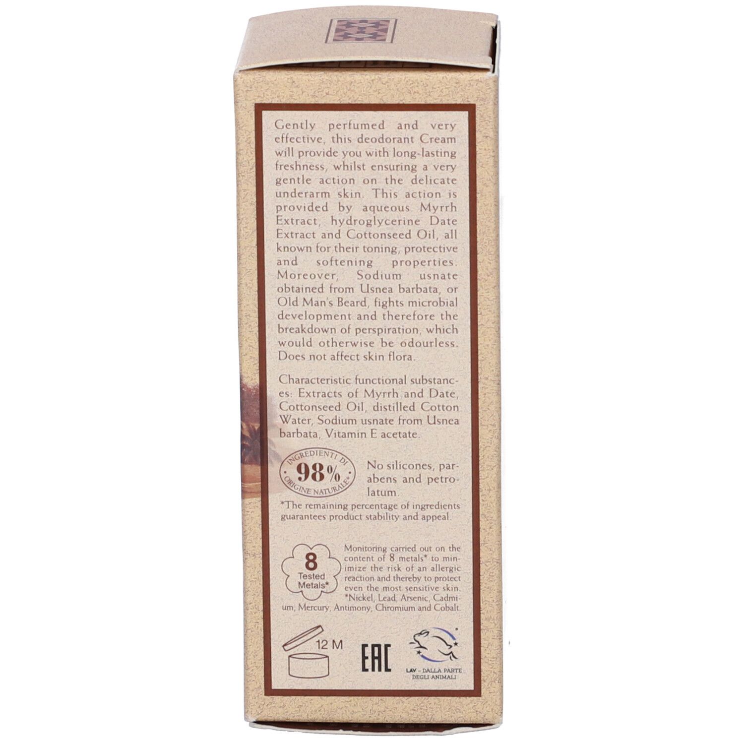 Retro della confezione in cartone. Testo: descrizione del prodotto, ingredienti, 98% naturale, 8 metalli testati, senza siliconi.