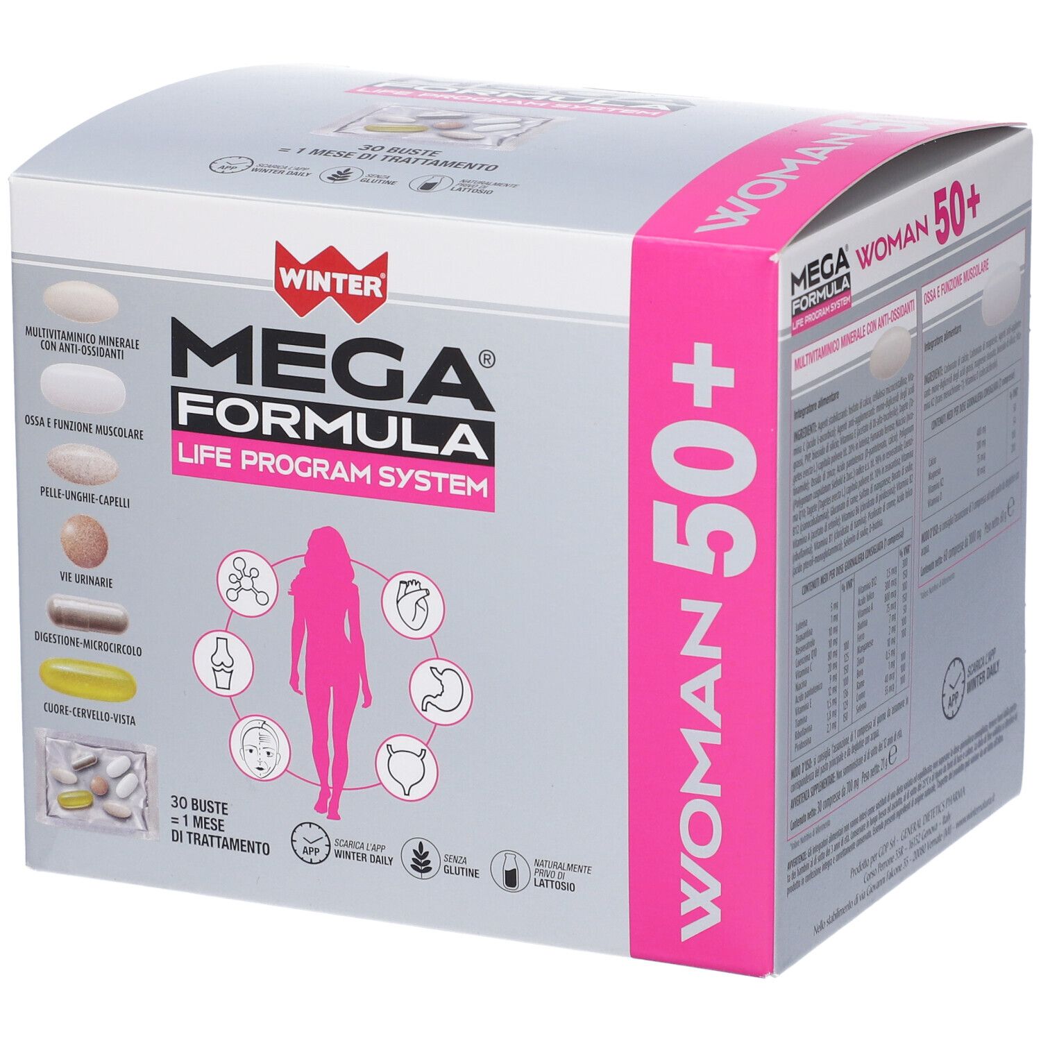 Confezione di WINTER MEGA FORMULA LPS WOMAN 50+. Scatola con nome e immagine del prodotto. Dettagli rosa.