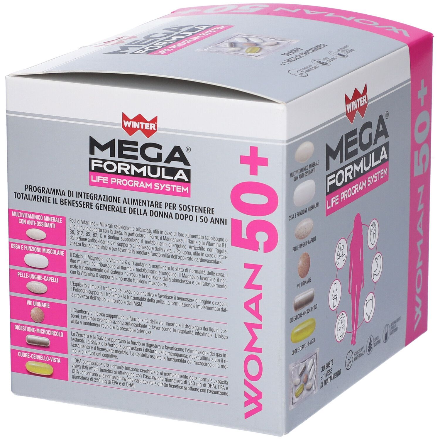 Confezione di WINTER MEGA FORMULA LPS WOMAN 50+. Scatola con informazioni e nome del prodotto. Dettagli rosa.