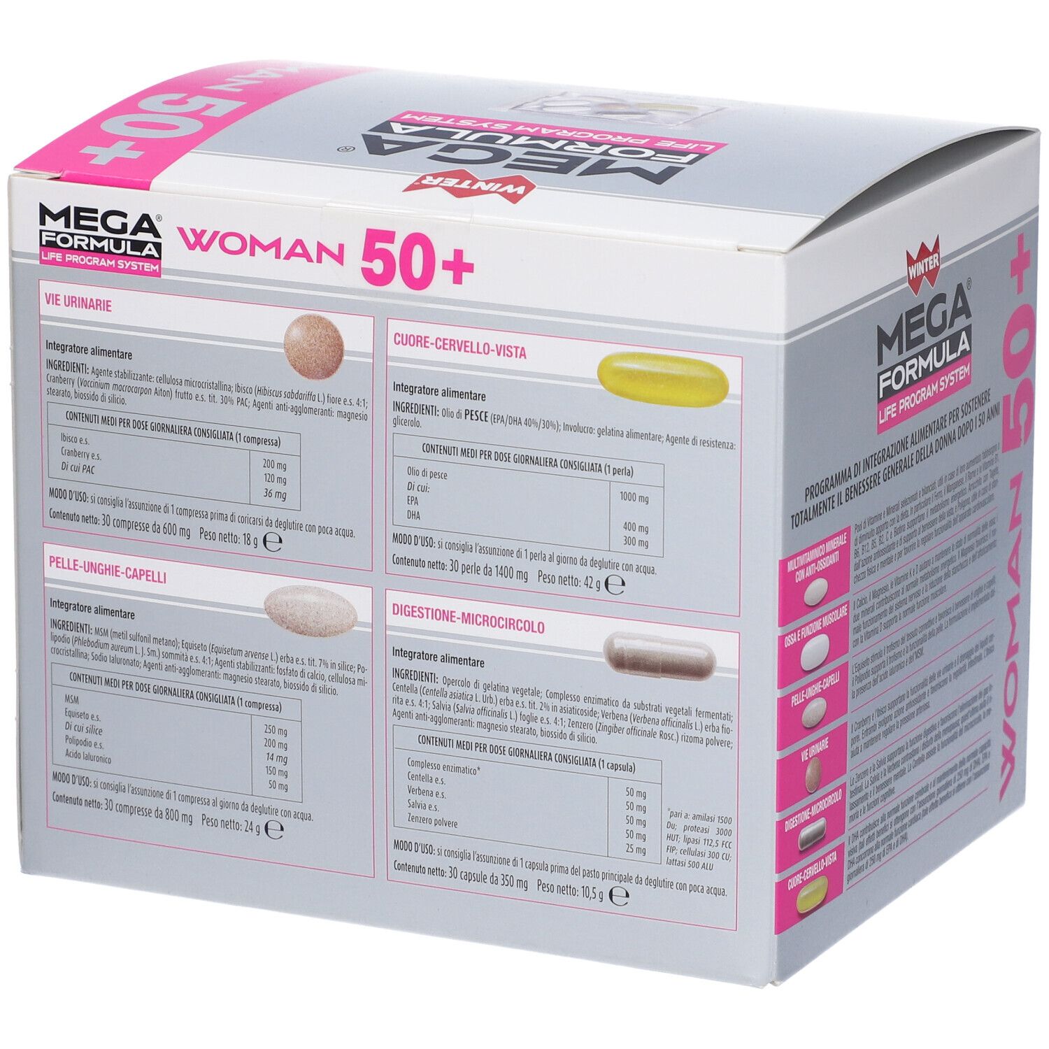 Confezione di WINTER MEGA FORMULA LPS WOMAN 50+. Scatola con informazioni e nome del prodotto. Dettagli rosa.
