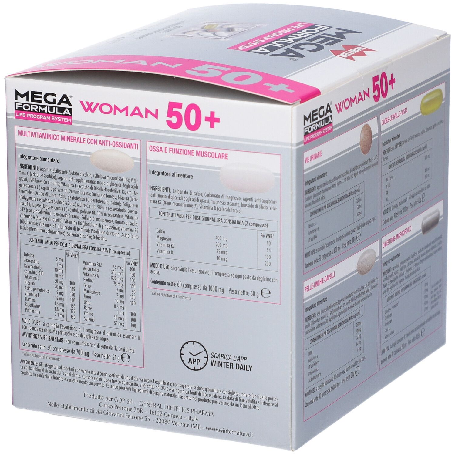 Confezione di WINTER MEGA FORMULA LPS WOMAN 50+. Scatola con informazioni e nome del prodotto. Dettagli rosa.
