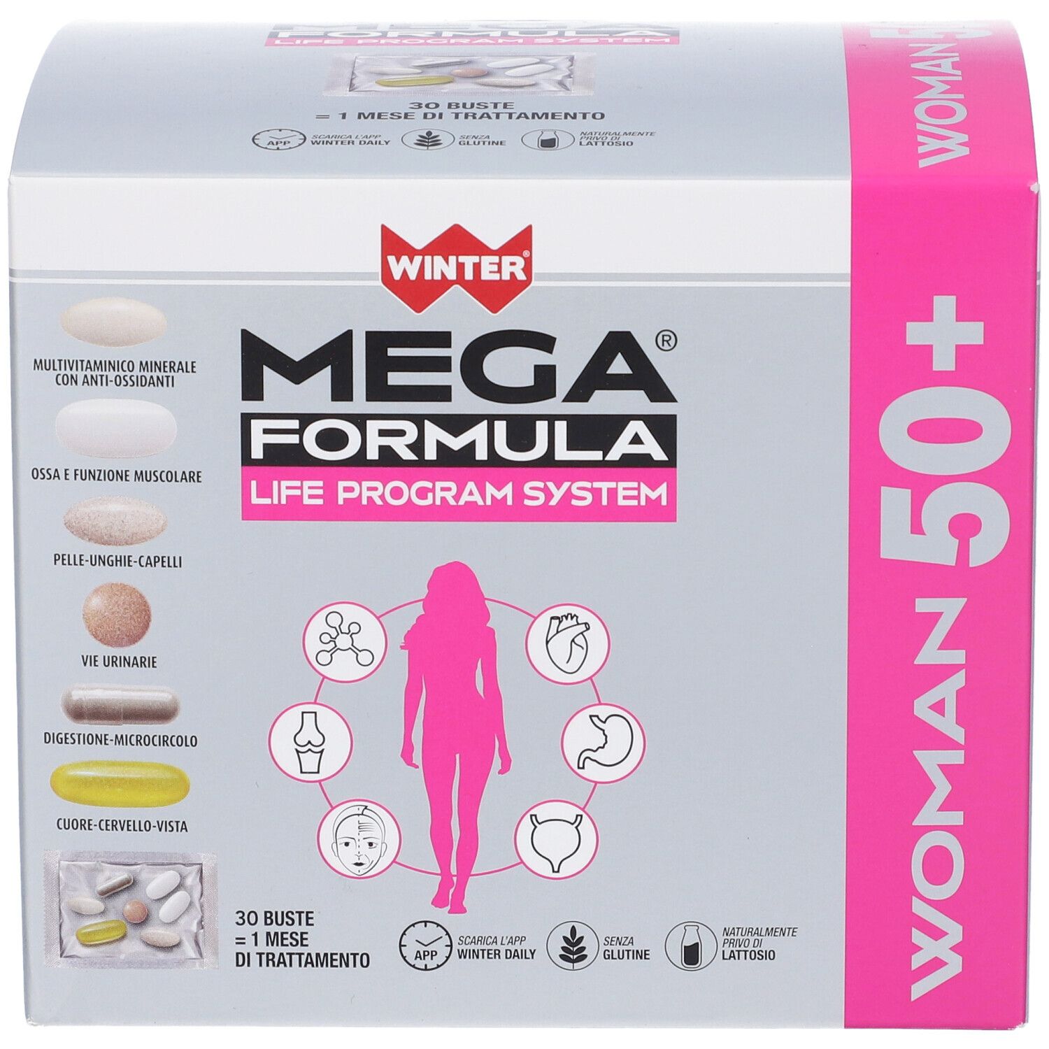 Confezione di WINTER MEGA FORMULA LPS WOMAN 50+. Scatola con nome e immagine del prodotto. Dettagli rosa.