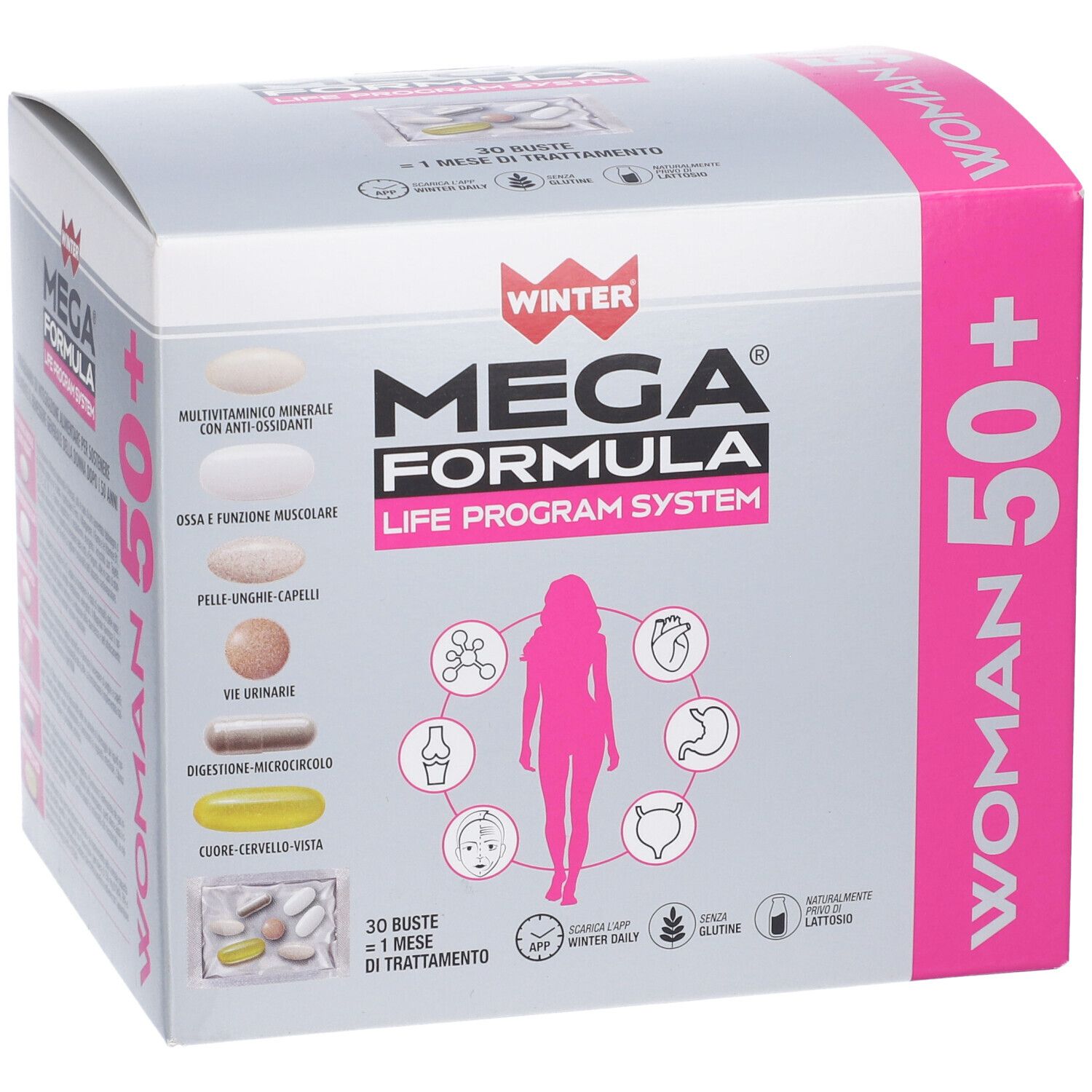 Confezione di WINTER MEGA FORMULA LPS WOMAN 50+. Scatola con nome e immagine del prodotto. Dettagli rosa.