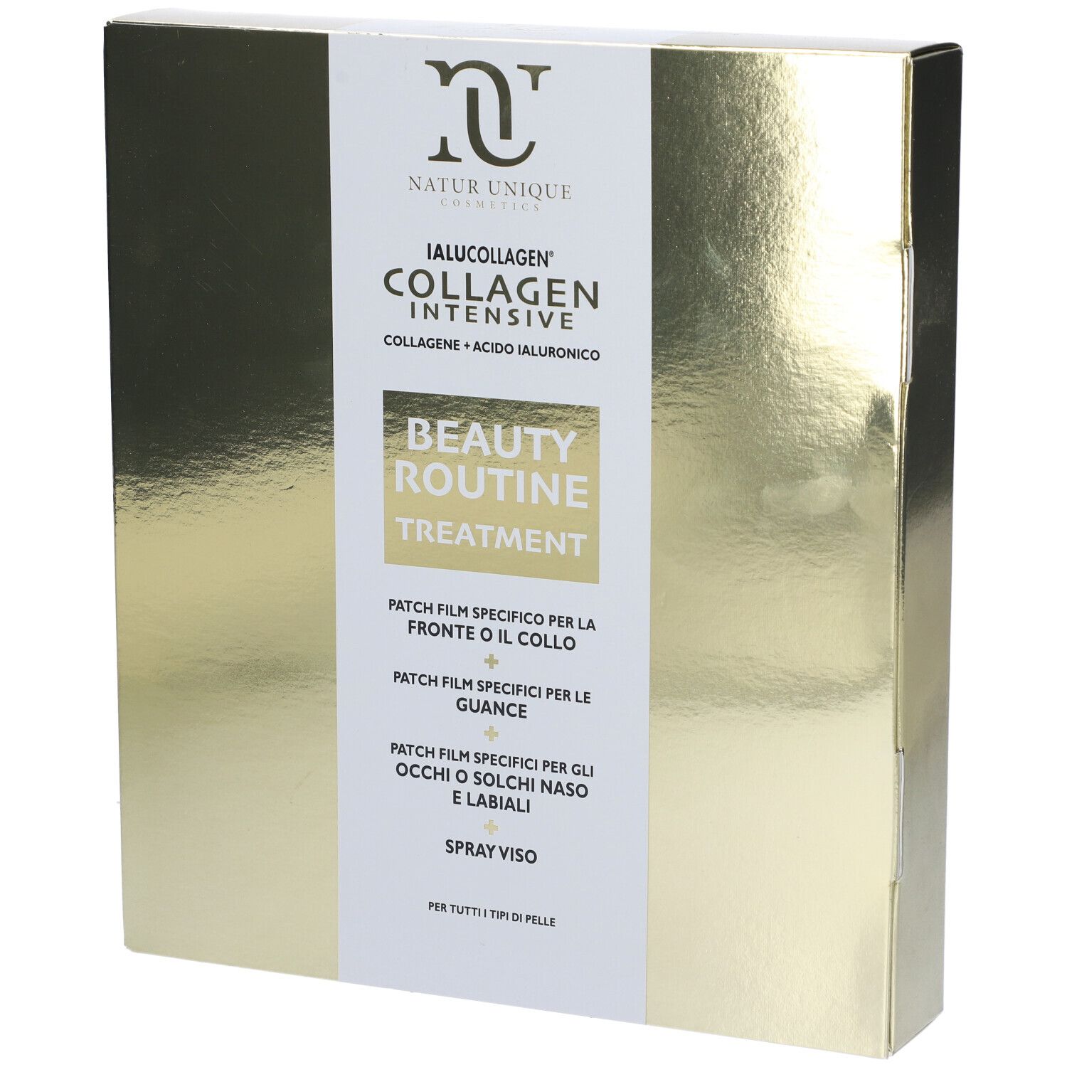 Scatola dorata con stampa del prodotto. Testo: NATUR UNIQUE, IALUCOLLAGEN, BEAUTY ROUTINE TREATMENT.