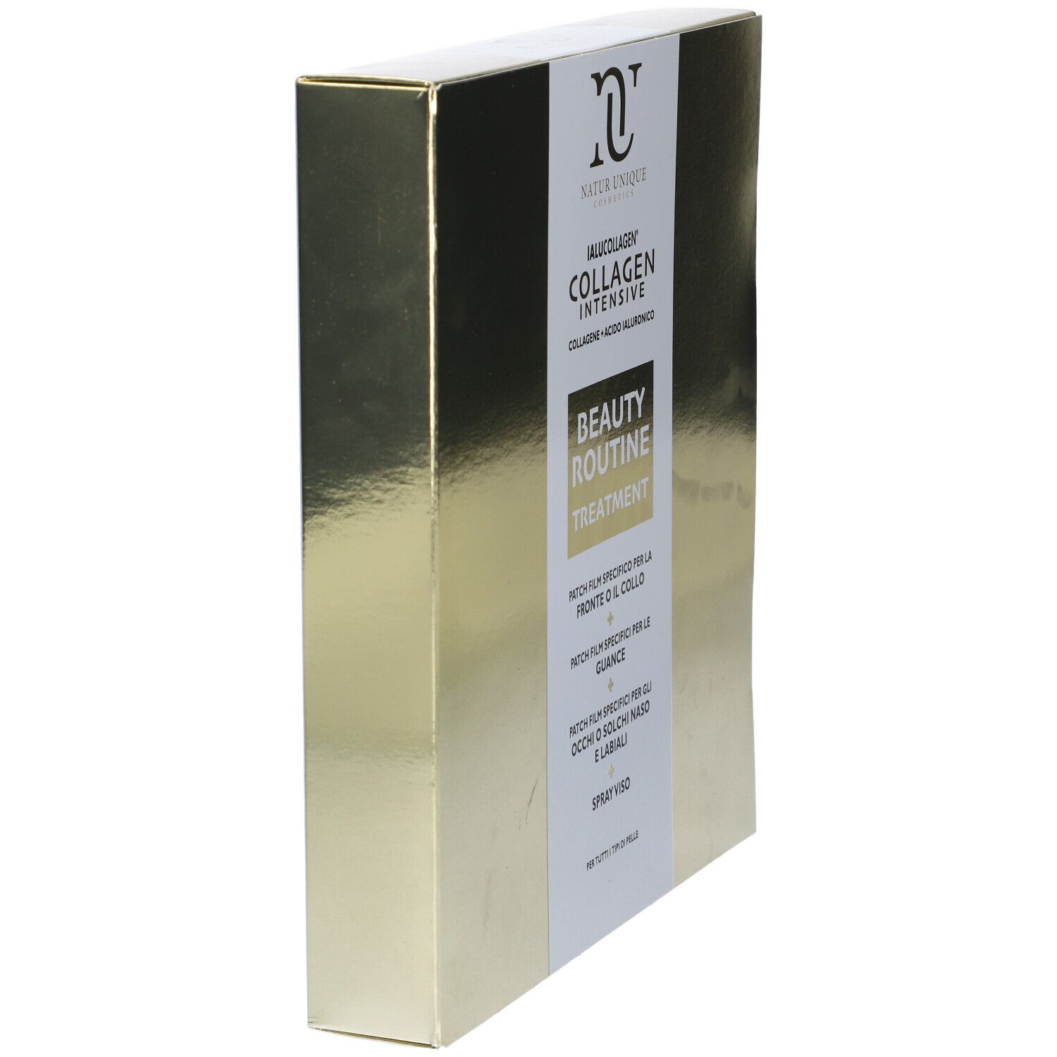 Scatola dorata, in diagonale. Testo: NATUR UNIQUE, IALUCOLLAGEN, BEAUTY ROUTINE TREATMENT.