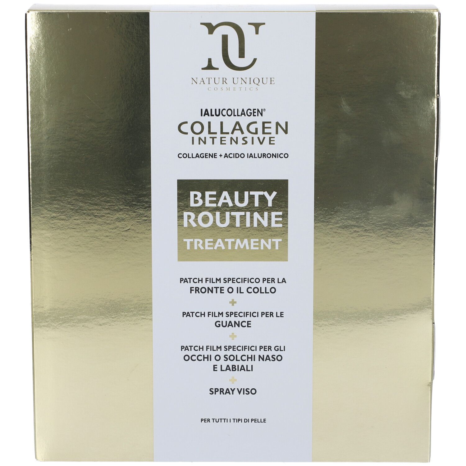 Scatola dorata con stampa del prodotto. Testo: NATUR UNIQUE, IALUCOLLAGEN, BEAUTY ROUTINE TREATMENT.