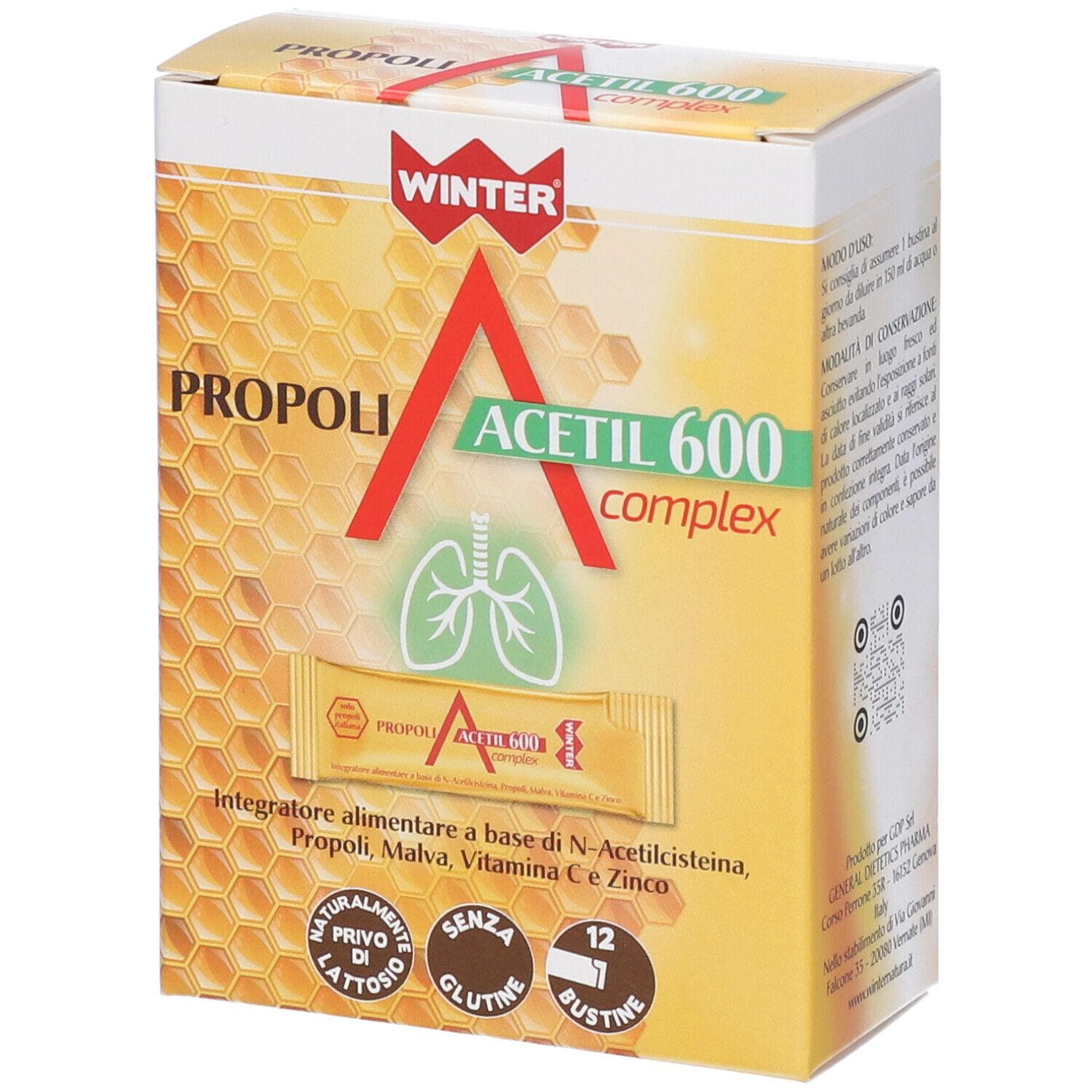 Scatola WINTER PROPOLI ACETIL 600 COMPLEX. Simbolo A rosso, polmone verde. 12 bustine, senza glutine, senza lattosio.