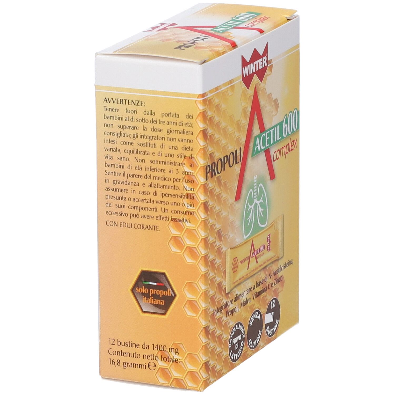 Scatola WINTER PROPOLI ACETIL 600 COMPLEX, vista laterale. Testo: 12 bustine, 16,8 grammi. Avvertenze.