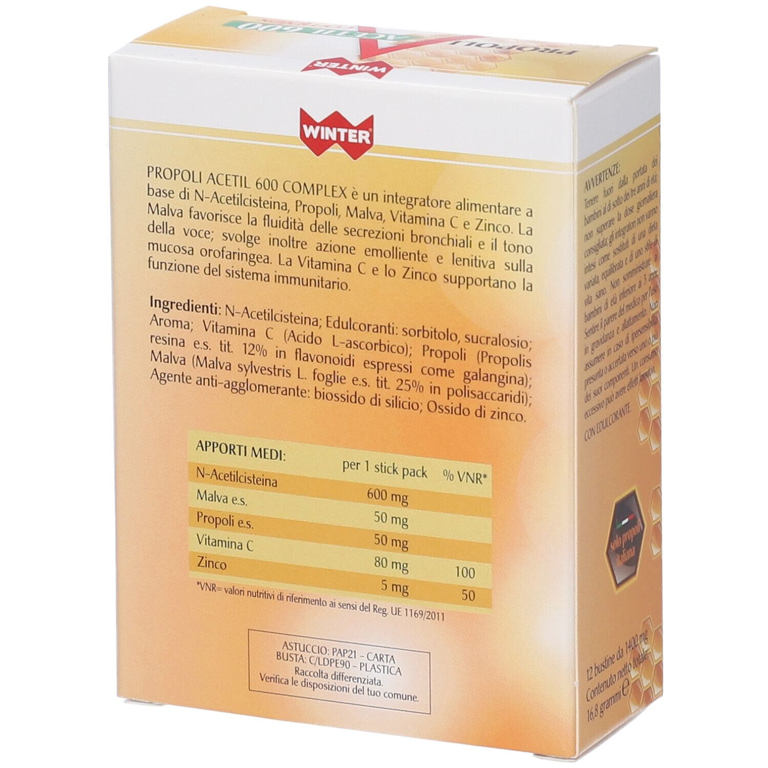 Scatola WINTER PROPOLI ACETIL 600 COMPLEX, retro. Elenco ingredienti, tabella nutrizionale.