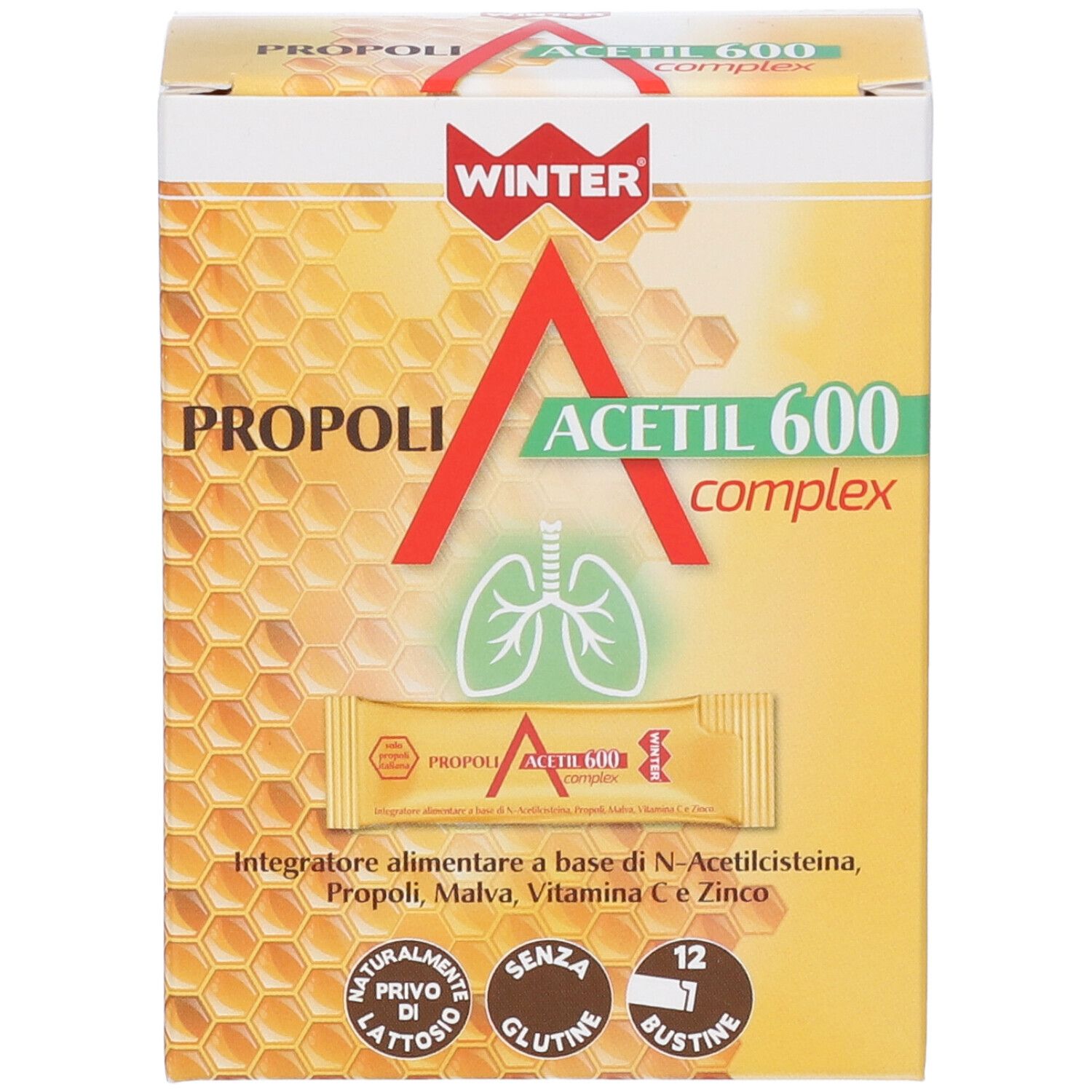 Scatola WINTER PROPOLI ACETIL 600 COMPLEX. Simbolo A rosso, polmone verde. 12 bustine, senza glutine, senza lattosio.