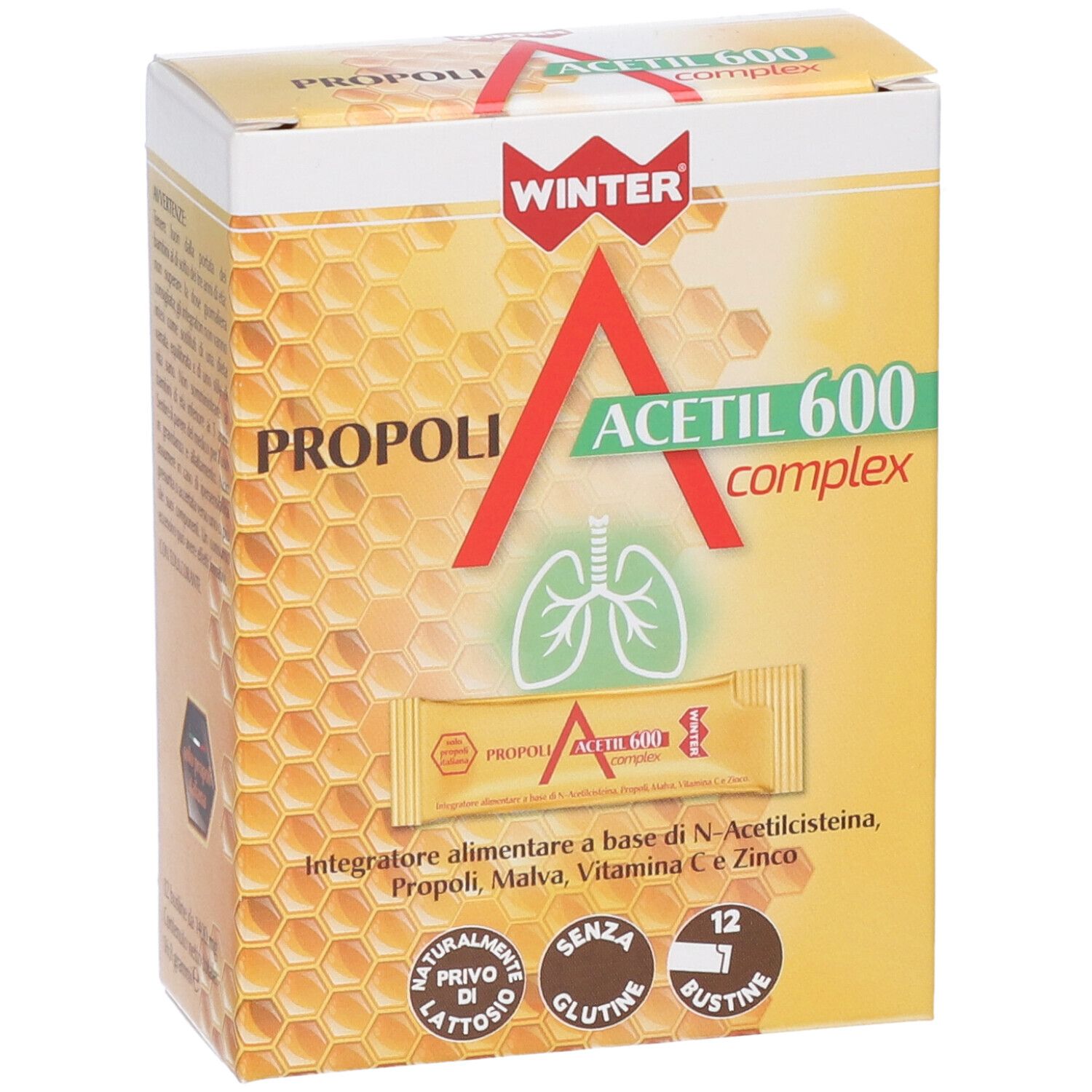 Scatola WINTER PROPOLI ACETIL 600 COMPLEX. Simbolo A rosso, polmone verde. 12 bustine, senza glutine, senza lattosio.