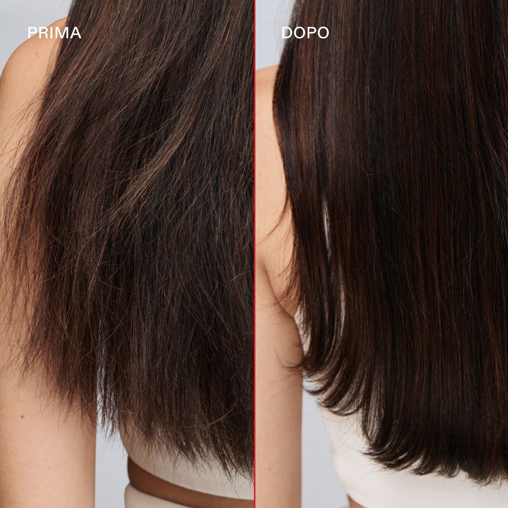 Confronto capelli: prima e dopo. Capelli scuri, lucenti dopo l'applicazione.