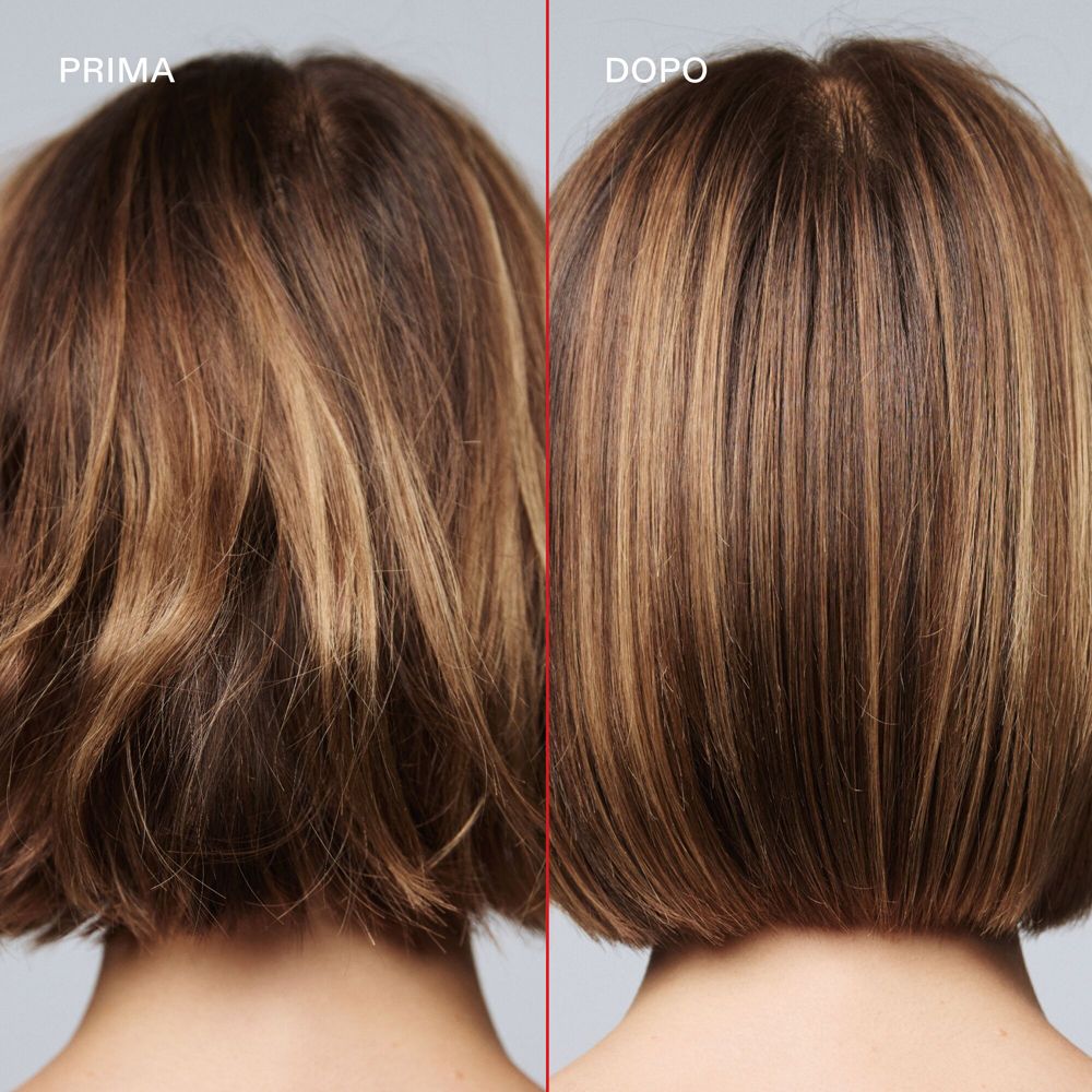 Confronto capelli: prima e dopo. Capelli biondi, lucenti dopo l'applicazione.