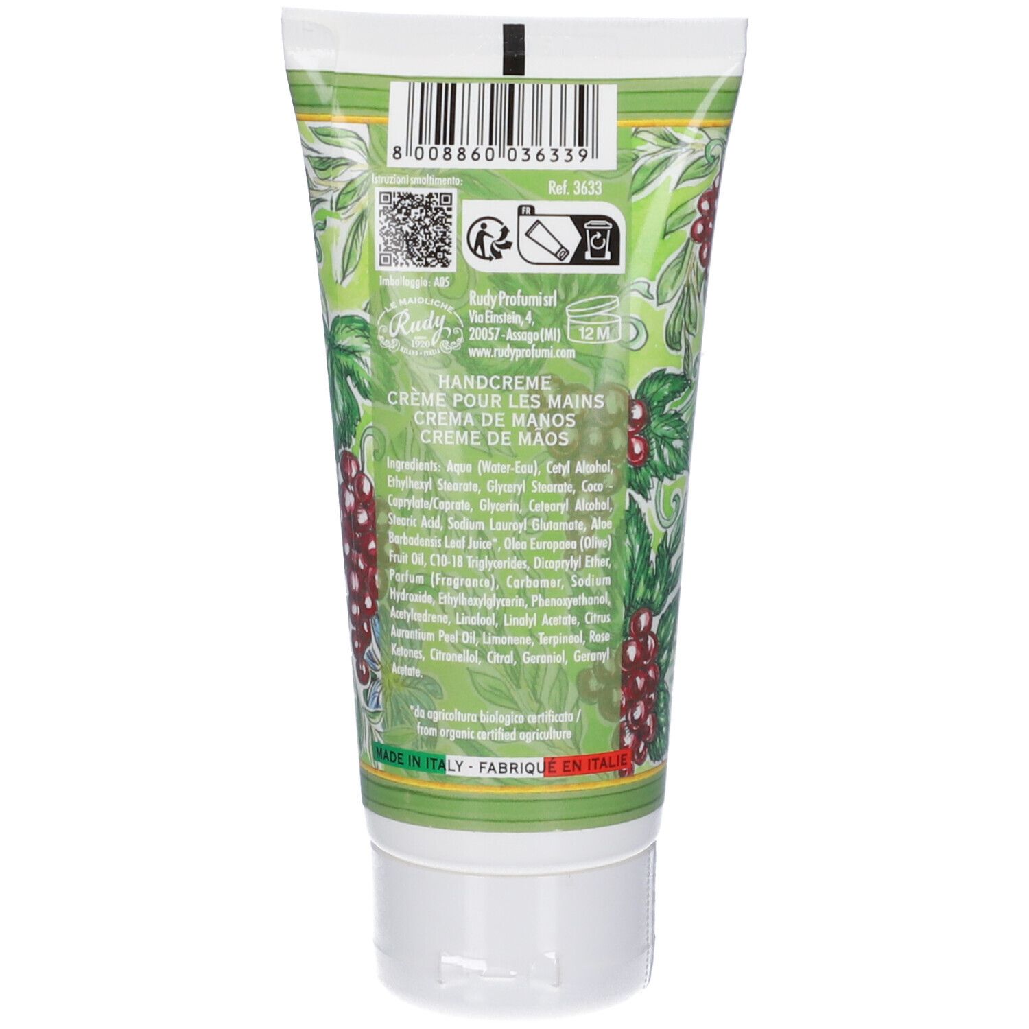 Retro di un tubo di crema mani con codice a barre, QR code e lista ingredienti. "Handcreme", "Crema de Manos" e "Fabriqué en Italie" sono leggibili.