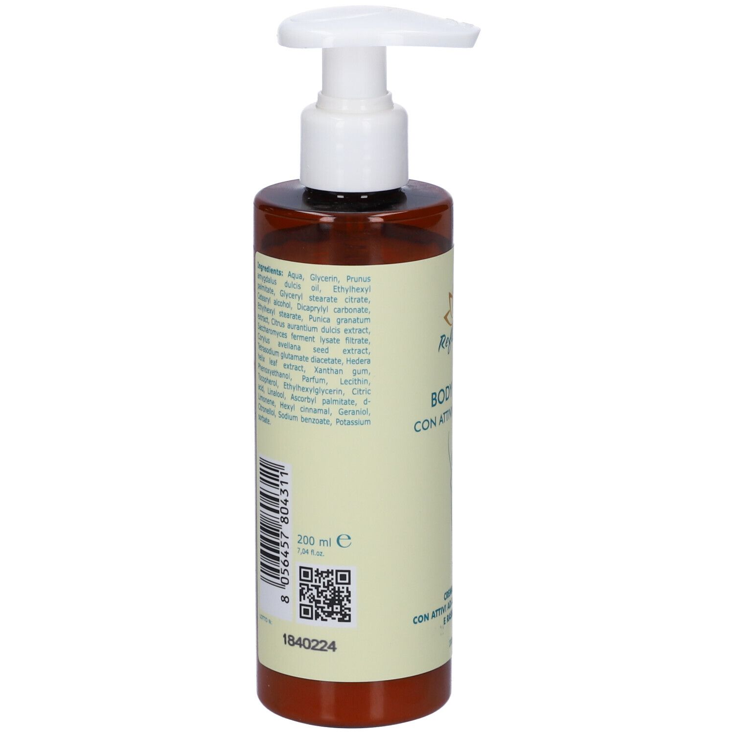 Flacone marrone con erogatore bianco. Retro con ingredienti, codice a barre e QR. 200 ml.