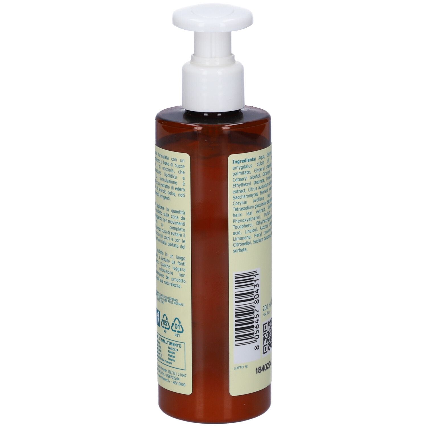 Flacone marrone con erogatore bianco. Retro con ingredienti e testo. 200 ml.