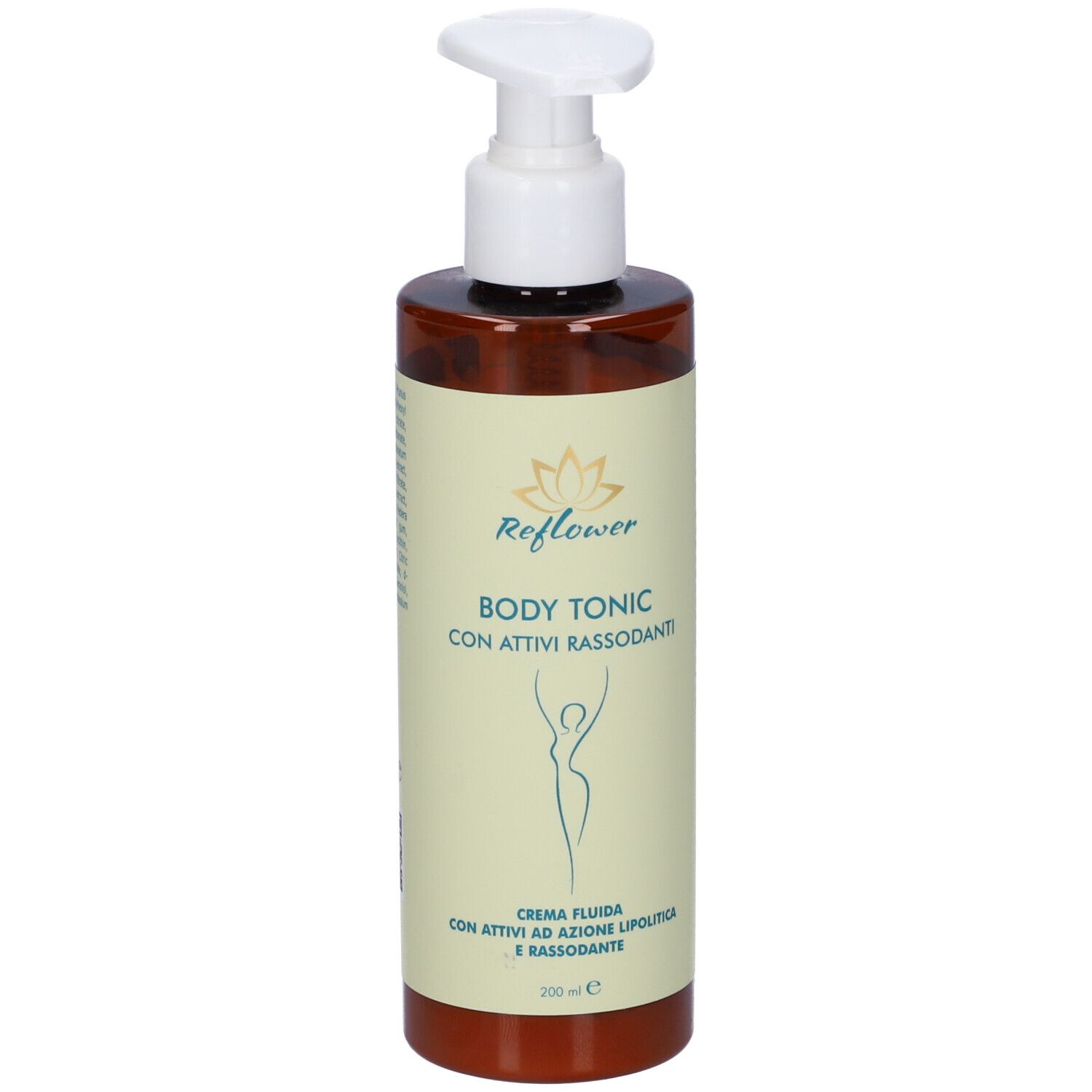 Flacone marrone con erogatore bianco. Scritta: Reflower Body Tonic. Ingredienti e 200 ml.
