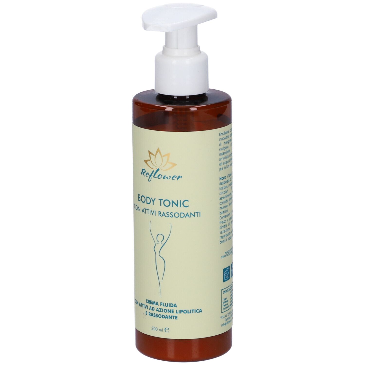 Flacone marrone con erogatore bianco. Scritta: Reflower Body Tonic. Ingredienti e 200 ml.