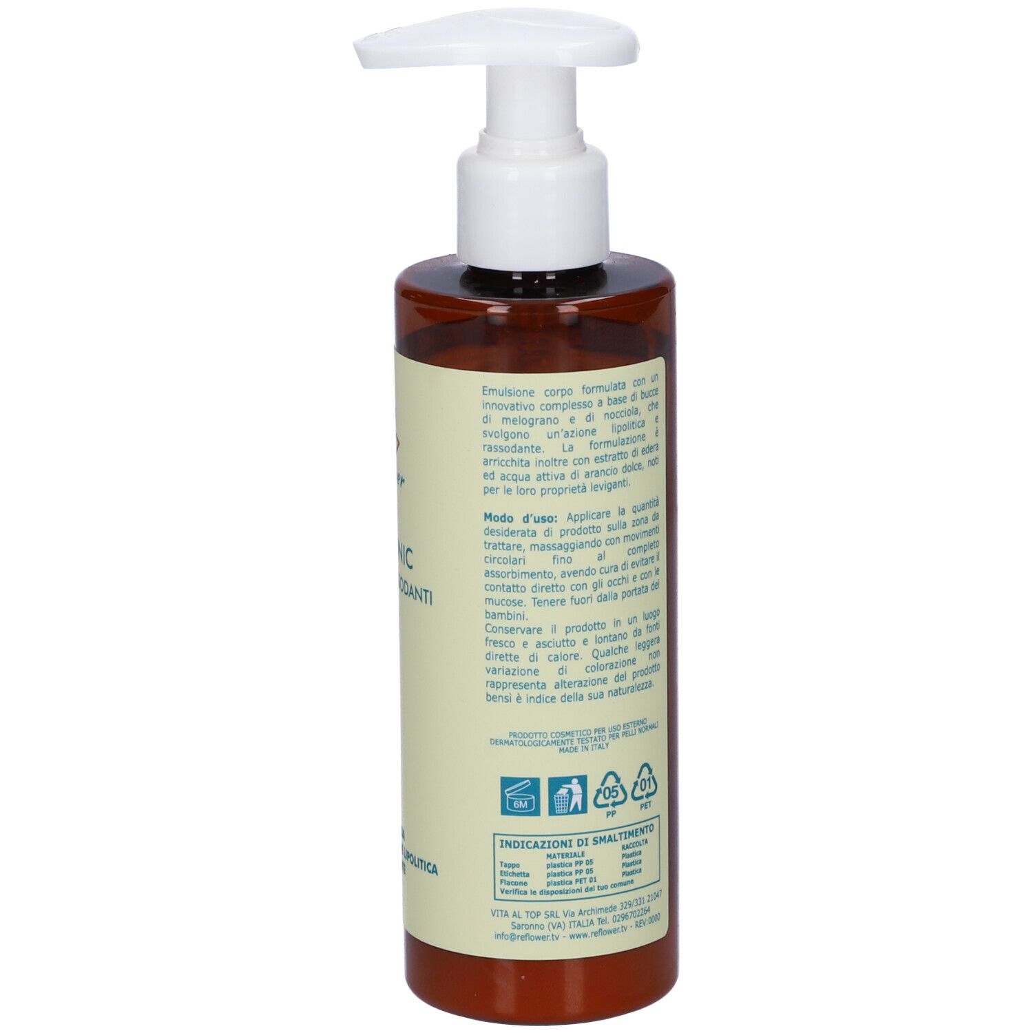 Flacone marrone con erogatore bianco. Retro con testo e simboli. 200 ml.