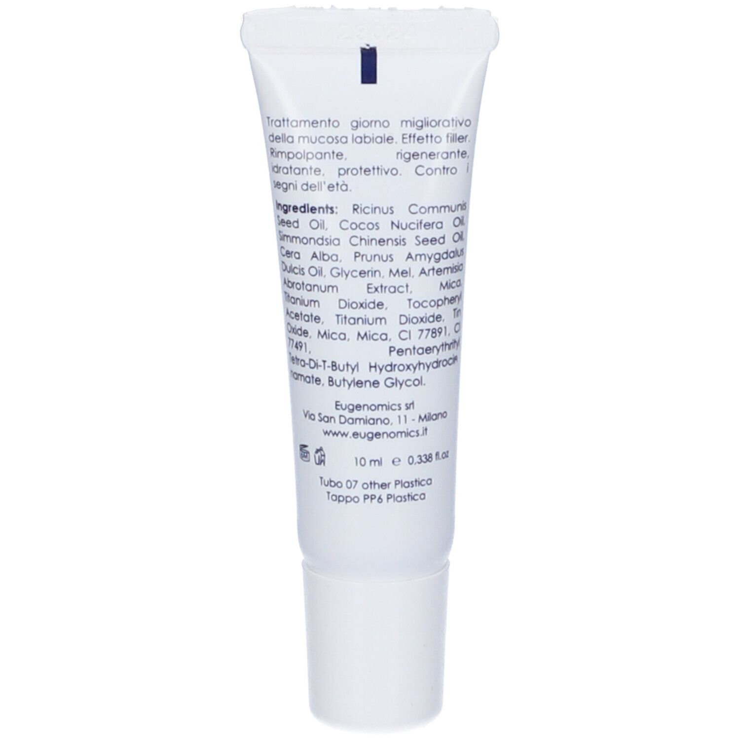 Retro del tubo bianco. Testo con ingredienti e informazioni produttore. Volume: 10 ml.