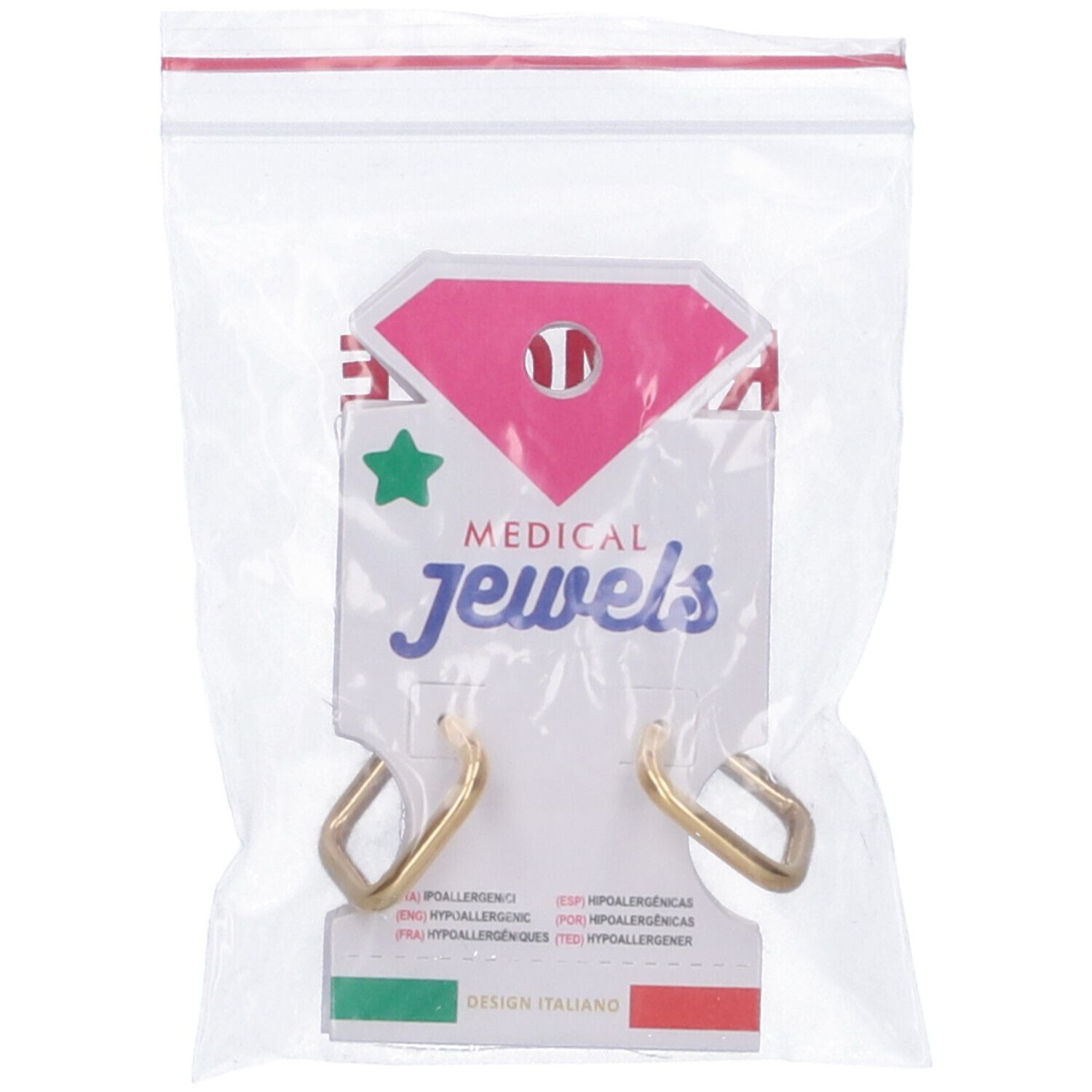 Orecchini quadrati dorati, in confezione di plastica. Su cartoncino con logo "Medical Jewels" e design italiano.