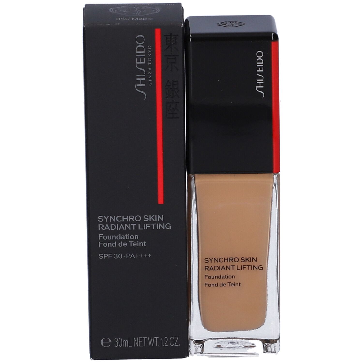 Confezione nera con fondotinta e nome del prodotto. Scritta: Shiseido, Synchro Skin Radiant Lifting, SPF 30.