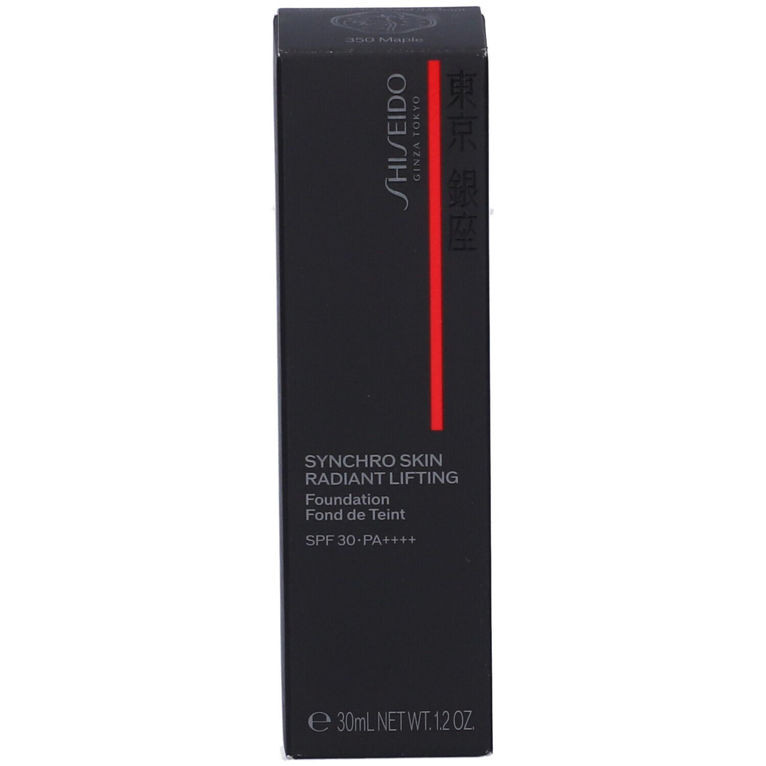 Confezione nera con nome del prodotto e logo. Scritta: Shiseido, Synchro Skin Radiant Lifting, SPF 30. Striscia rossa.