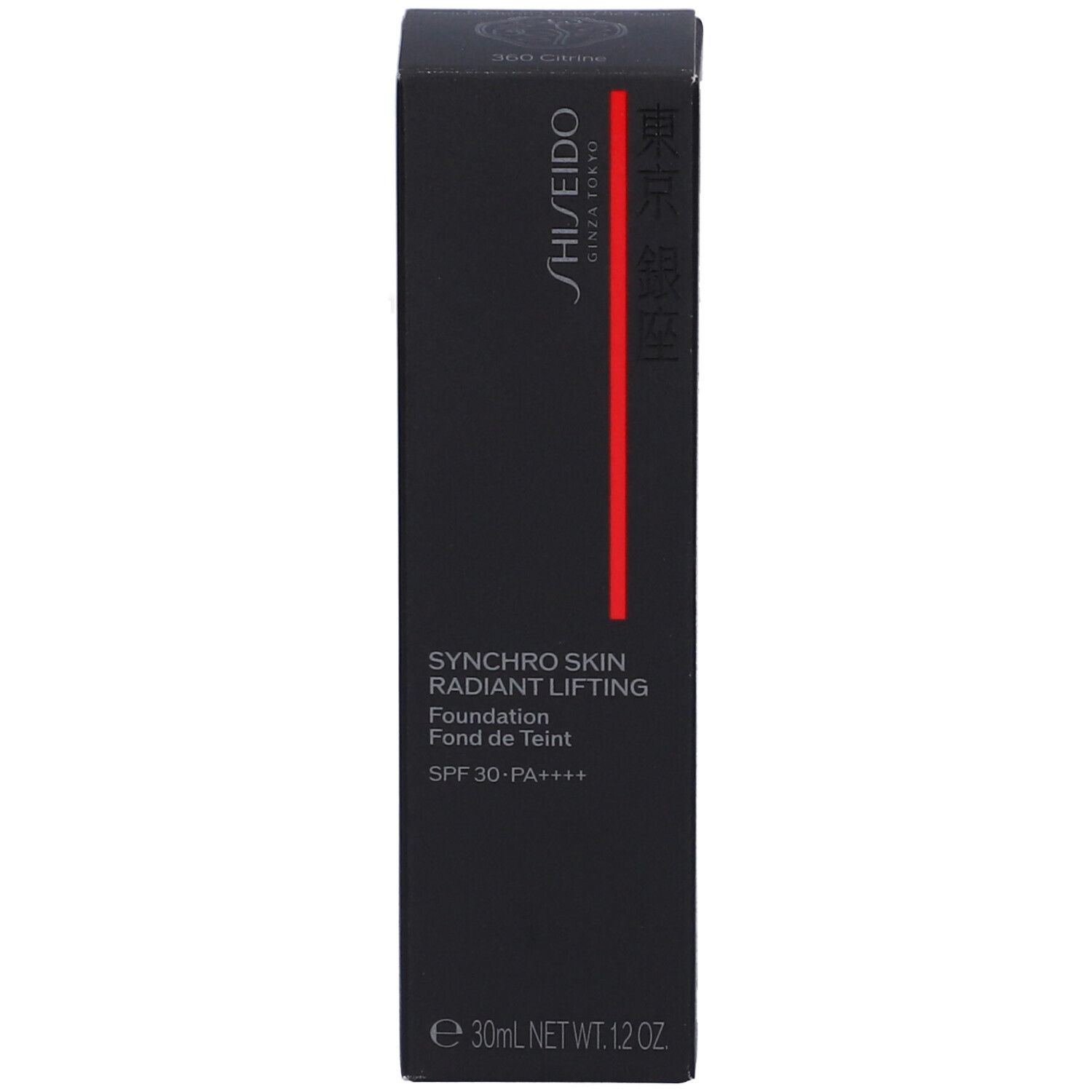 Scatola nera con nome del prodotto e SPF 30-PA++++. Scritta: SHISEIDO, Synchro Skin Radiant Lifting.