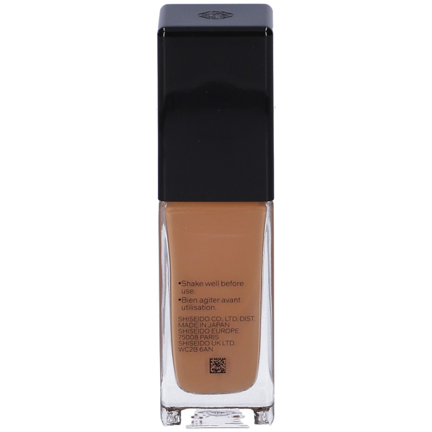 Retro del flacone SHISEIDO Synchro Skin Radiant Lifting Fond de Teint Liquide. Testo: 'Shake well before use'.