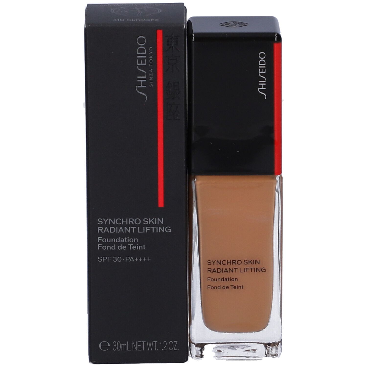 SHISEIDO Synchro Skin Radiant Lifting Fond de Teint Liquide e confezione. Scatola nera con striscia rossa e nome del prodotto.