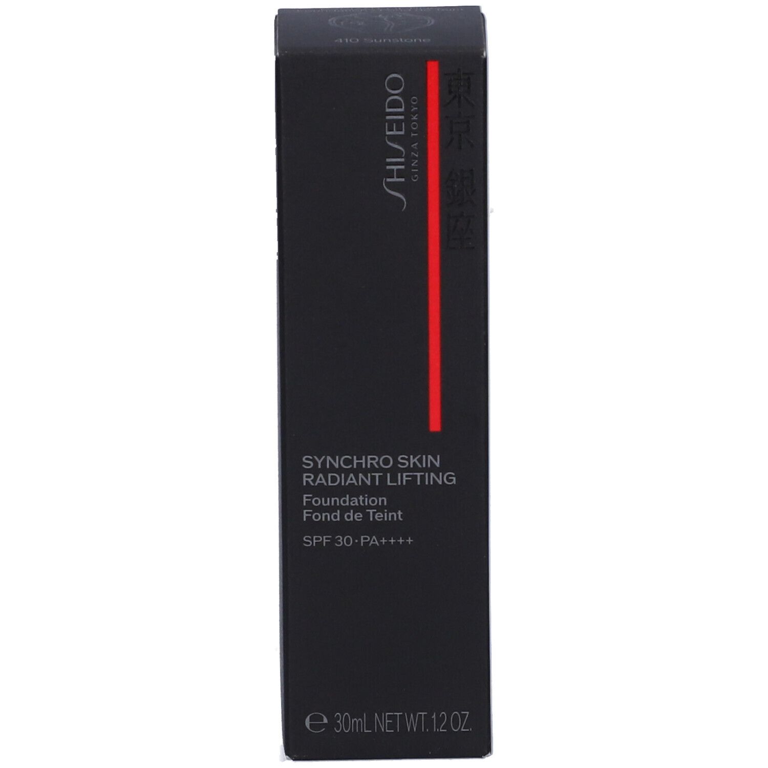 Confezione di SHISEIDO Synchro Skin Radiant Lifting Fond de Teint Liquide. Scatola nera con striscia rossa e nome del prodotto.