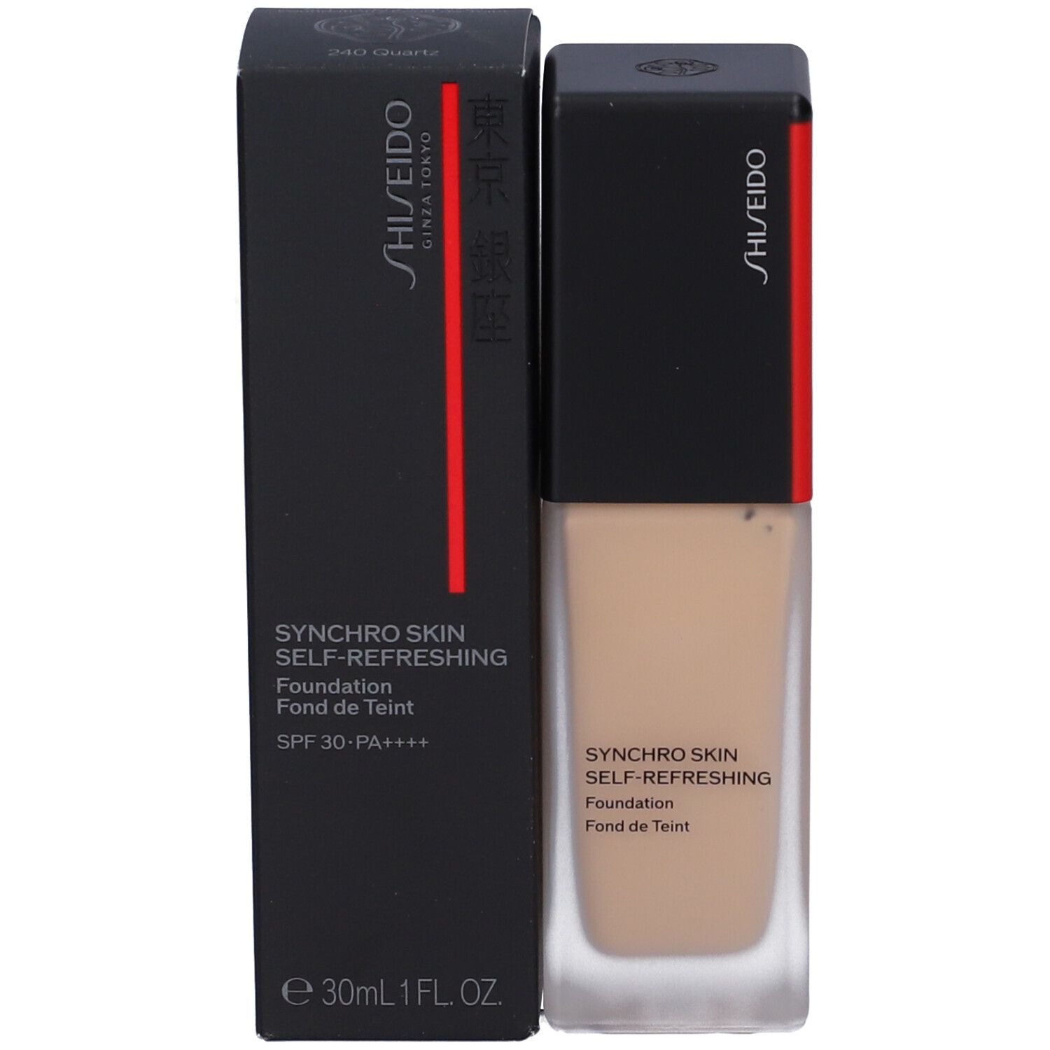 Fondotinta SHISEIDO e confezione. Scatola nera con nome del prodotto e marchio. SPF 30. Flacone 30ml.