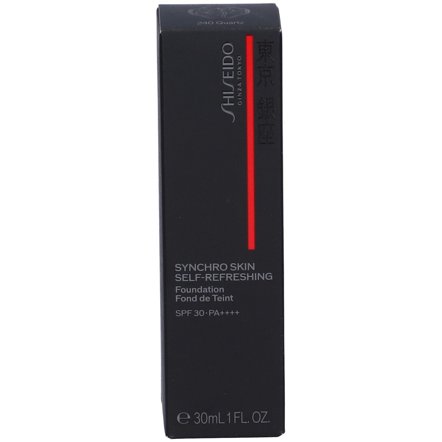 Confezione nera del fondotinta SHISEIDO. Nome del prodotto e marchio visibili. SPF 30. Linea rossa verticale.