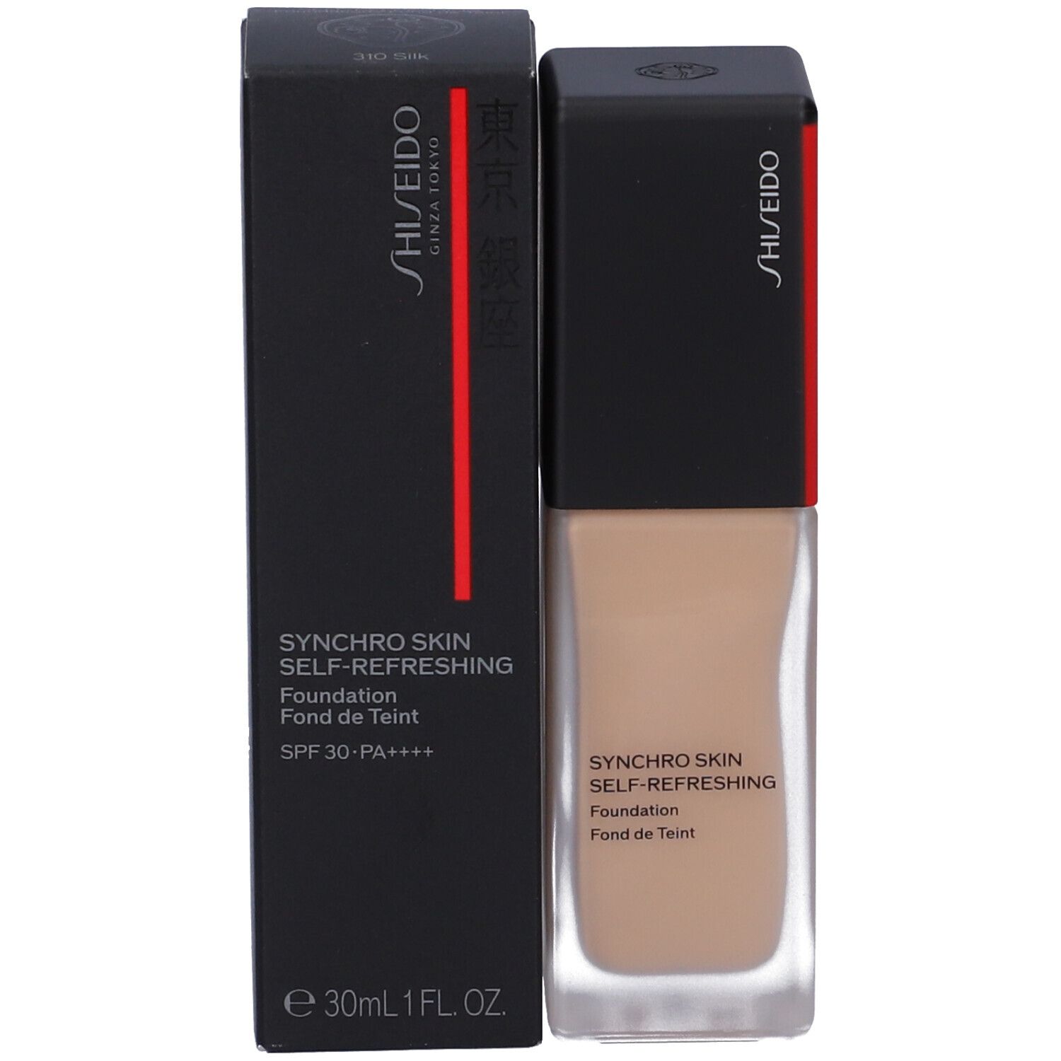 Fondotinta Shiseido Synchro Skin e confezione. Scatola nera con nome del prodotto e SPF. Flacone accanto.
