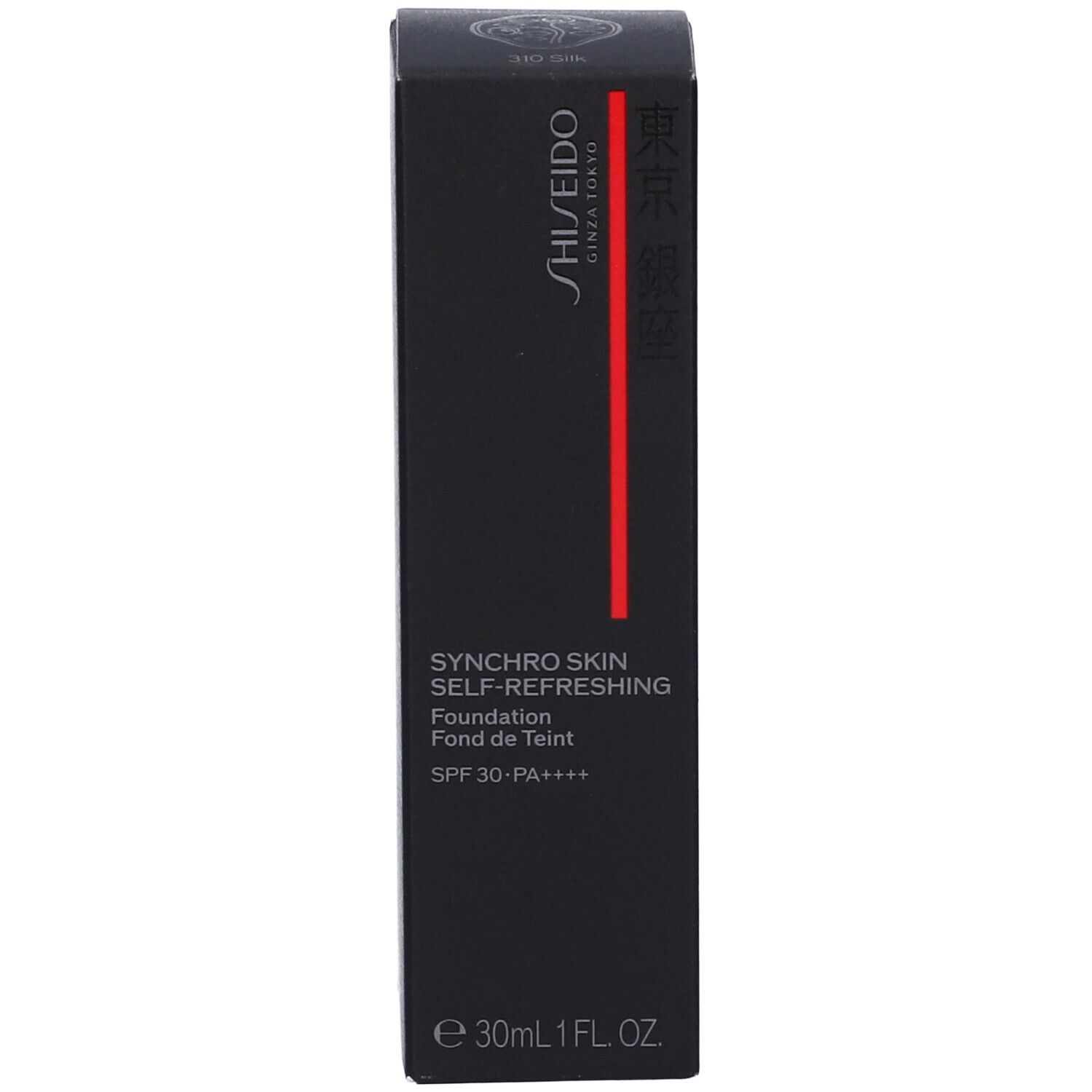 Scatola nera con fondotinta Shiseido Synchro Skin. Nome del prodotto, SPF e volume. Striscia rossa.