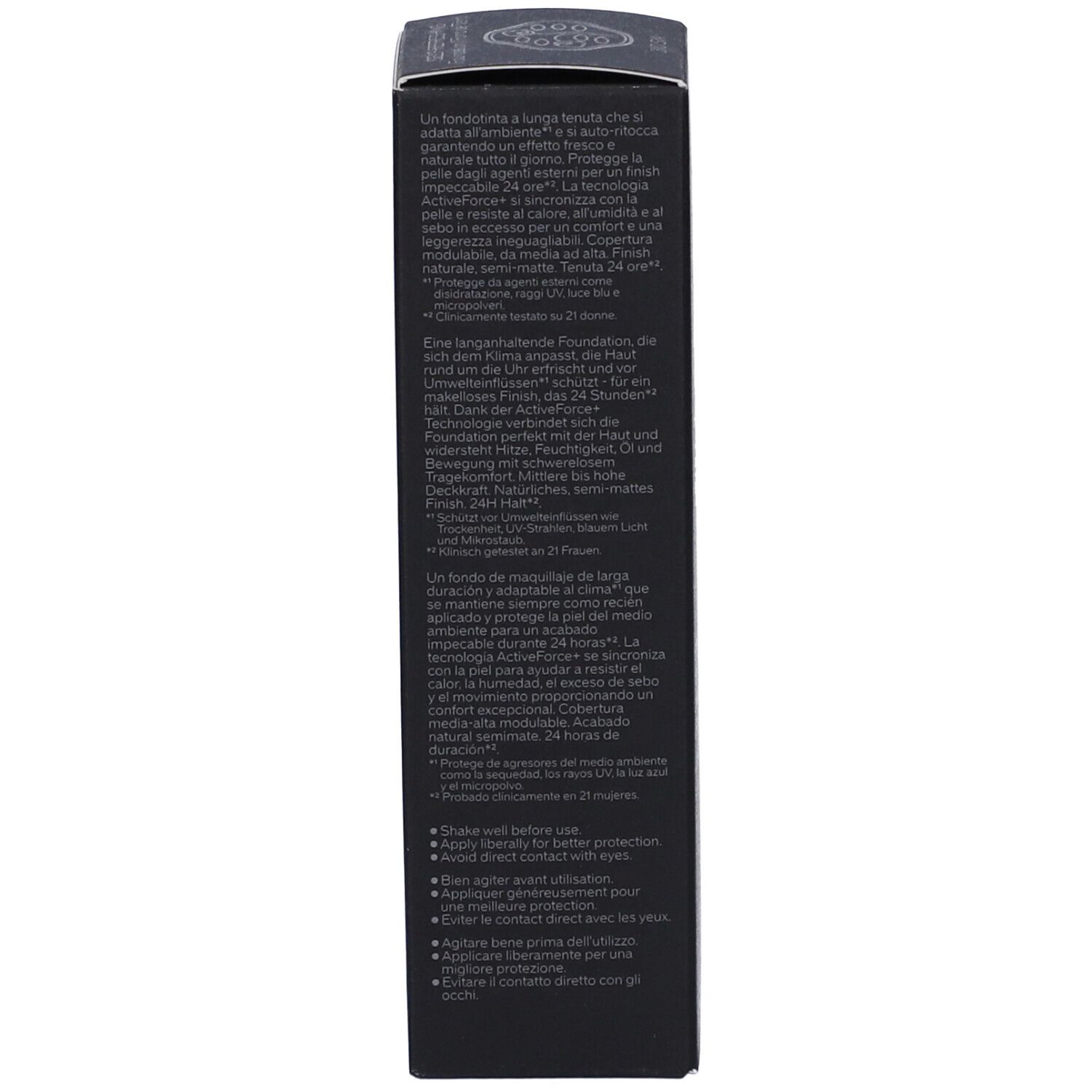 Retro della scatola nera. Testo multilingue. Descrizione del prodotto e istruzioni. Sfondo nero.