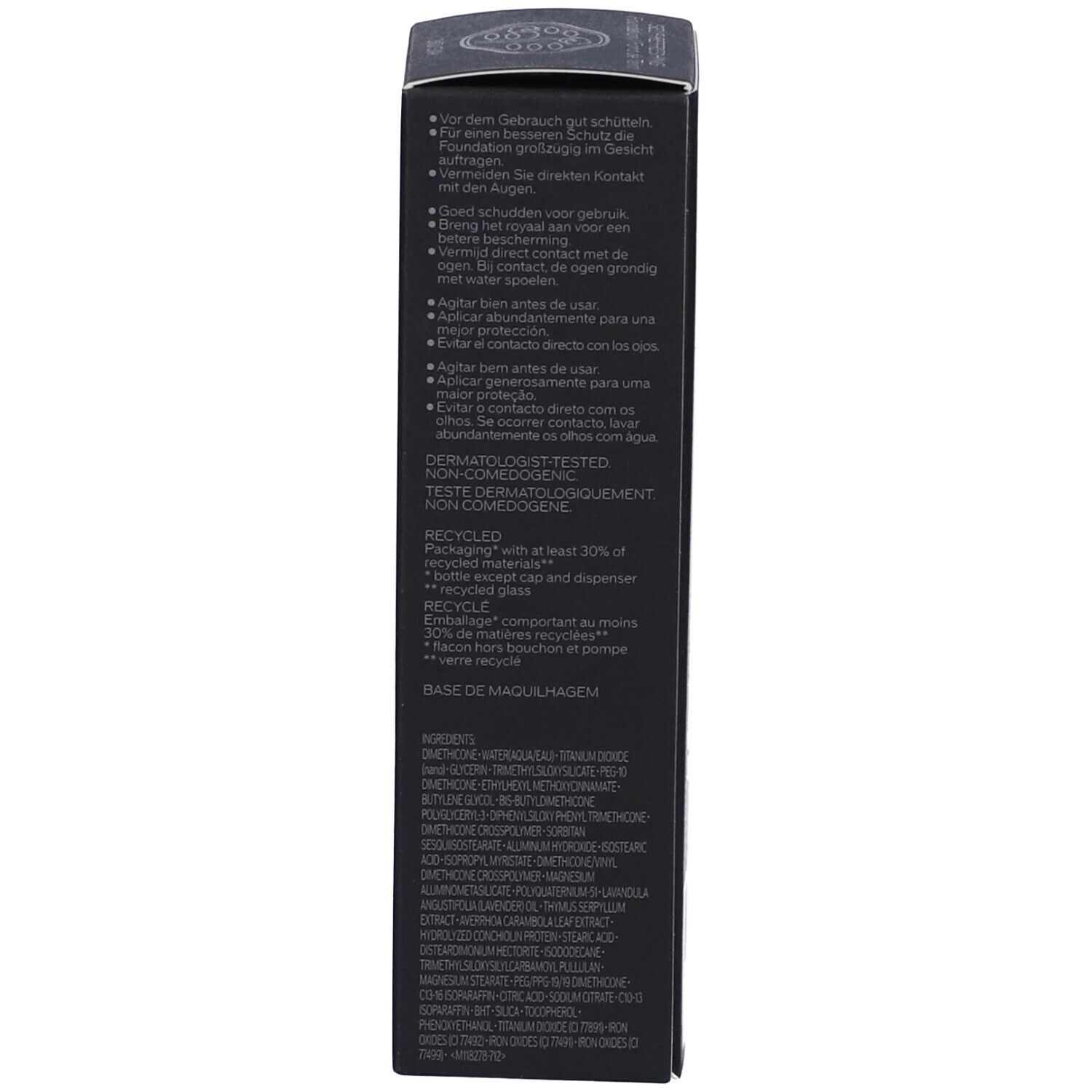 Lato della scatola con ingredienti. Testo multilingue. Sfondo nero. Testato dermatologicamente.