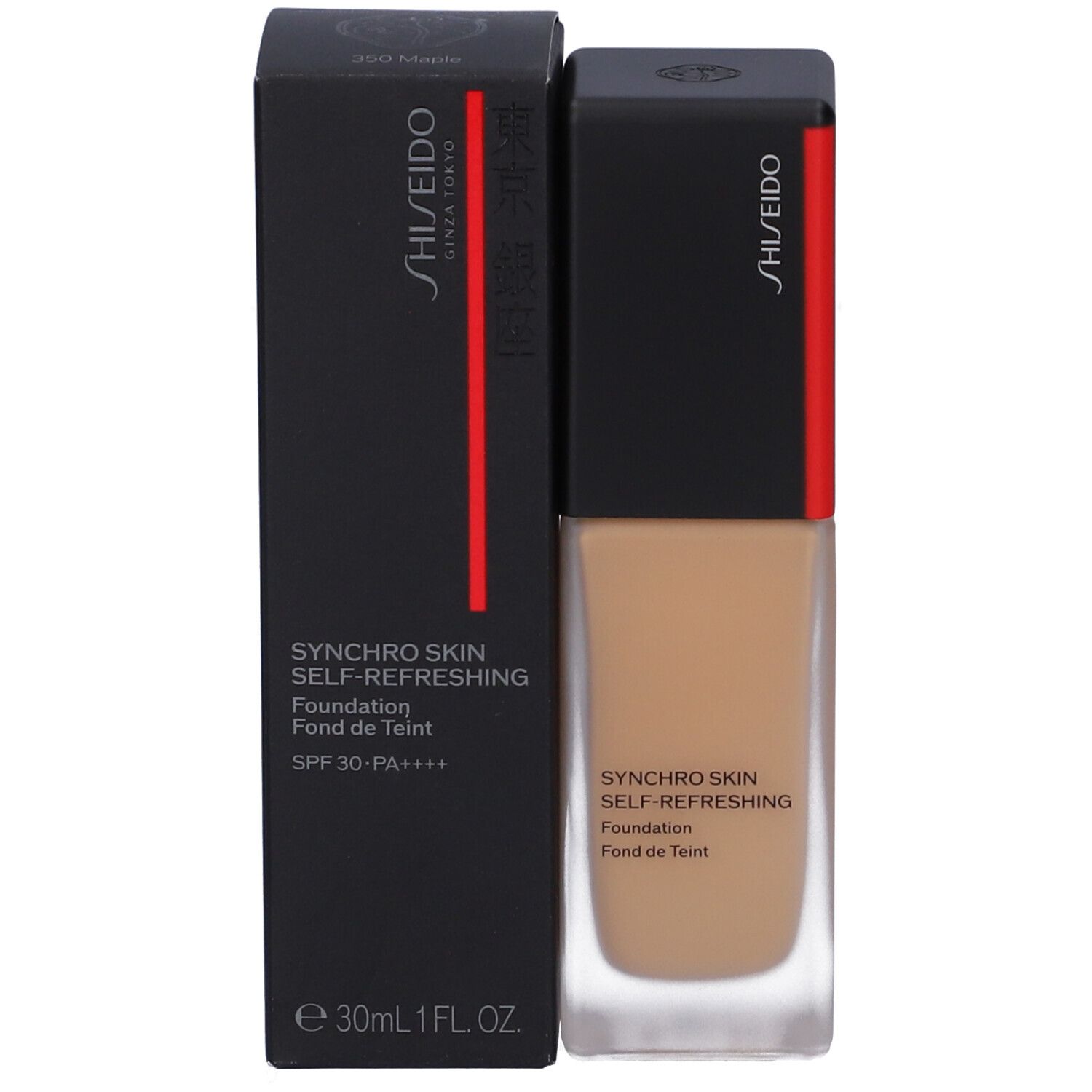 Fondotinta Shiseido Synchro Skin Self-Refreshing in flacone di vetro con tappo nero. Scatola nera inclusa con accenti rossi.