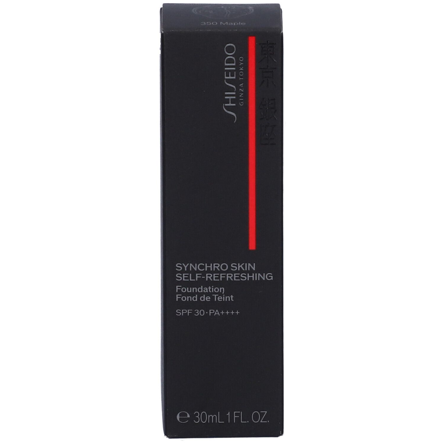 Confezione nera di fondotinta Shiseido con striscia verticale rossa. Riporta "Synchro Skin Self-Refreshing Foundation" e SPF 30.