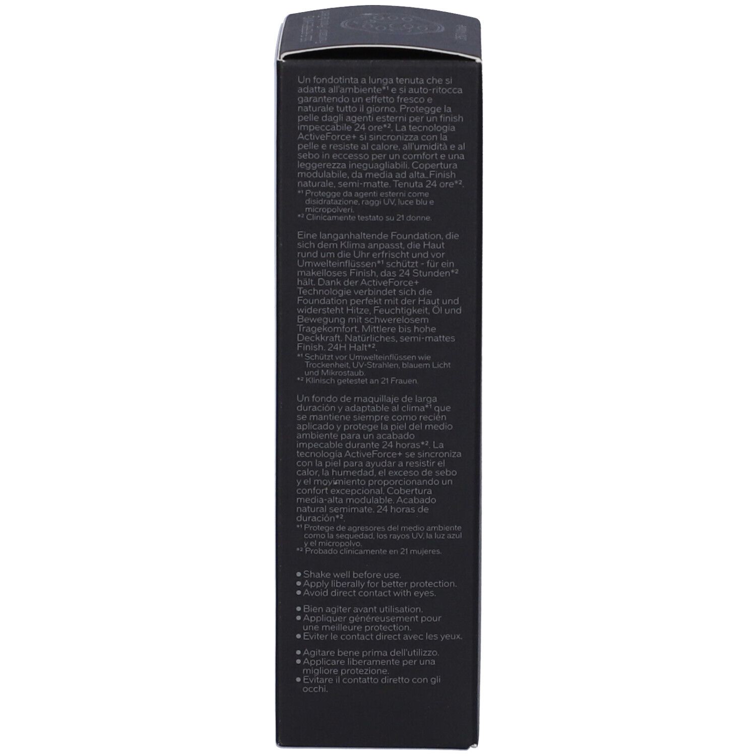 Scatola scura con testo multilingue, tra cui tedesco, italiano e francese.