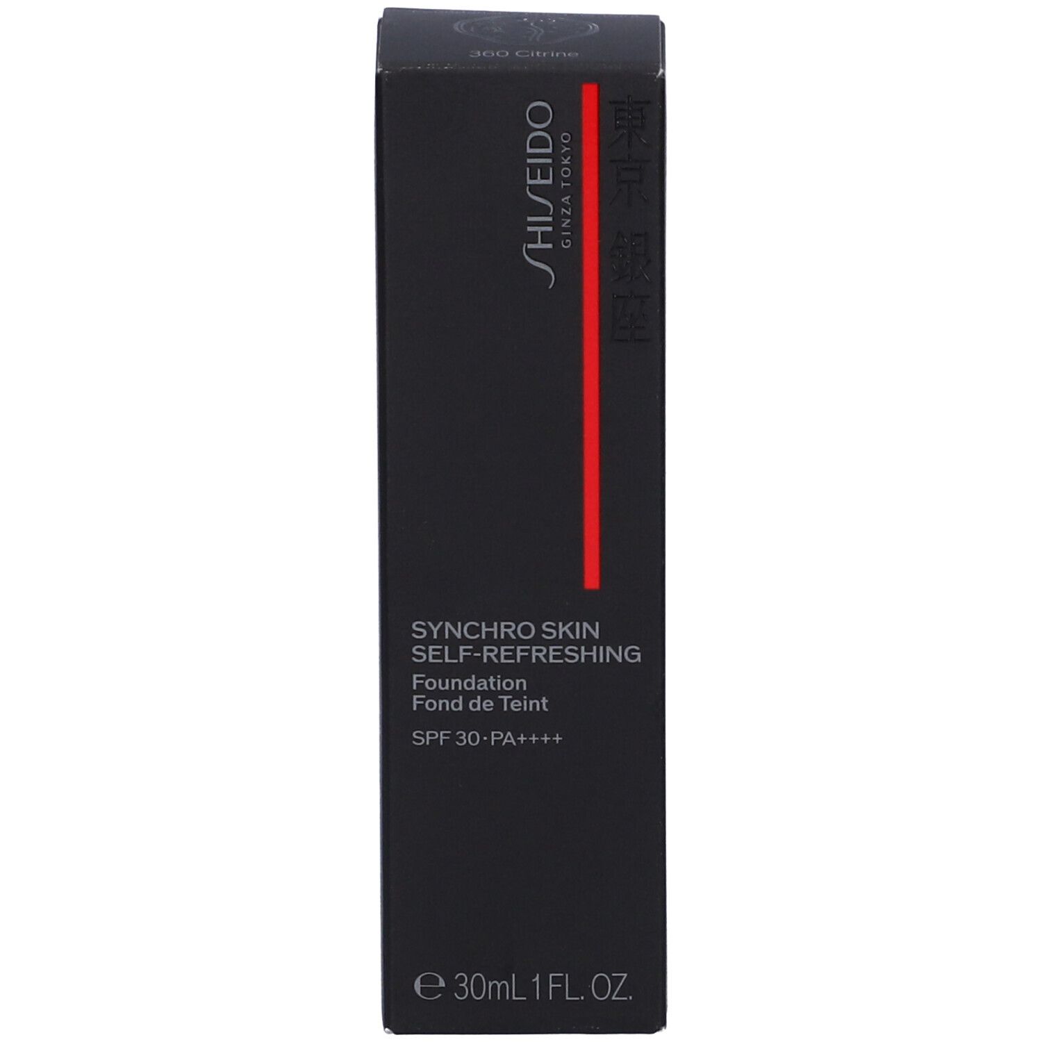 Scatola nera Shiseido Synchro Skin Foundation. Nome del prodotto, SPF 30 e volume. Striscia rossa.