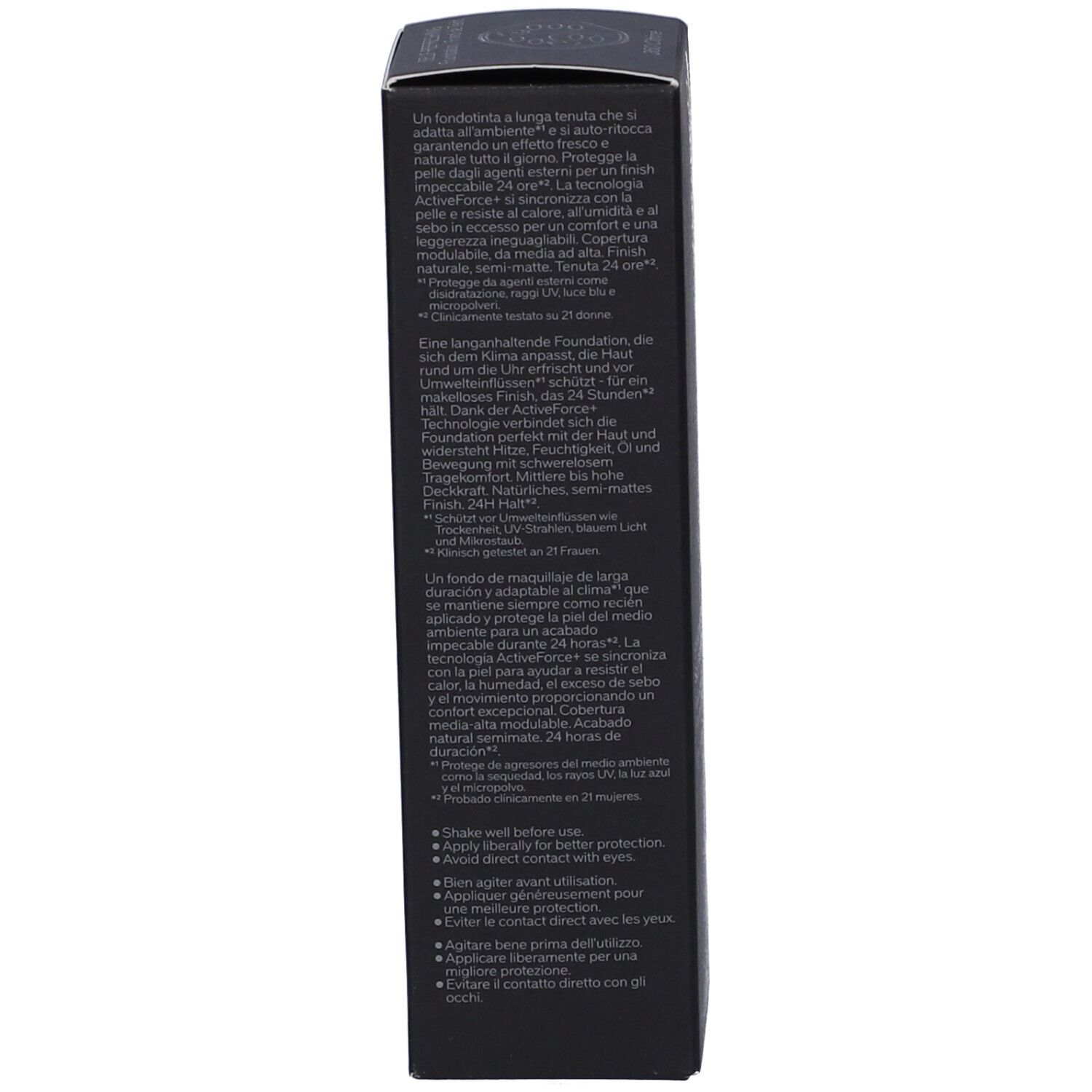 Retro della scatola nera con informazioni sul prodotto. Testo multilingue. Nome del prodotto e SPF 30.