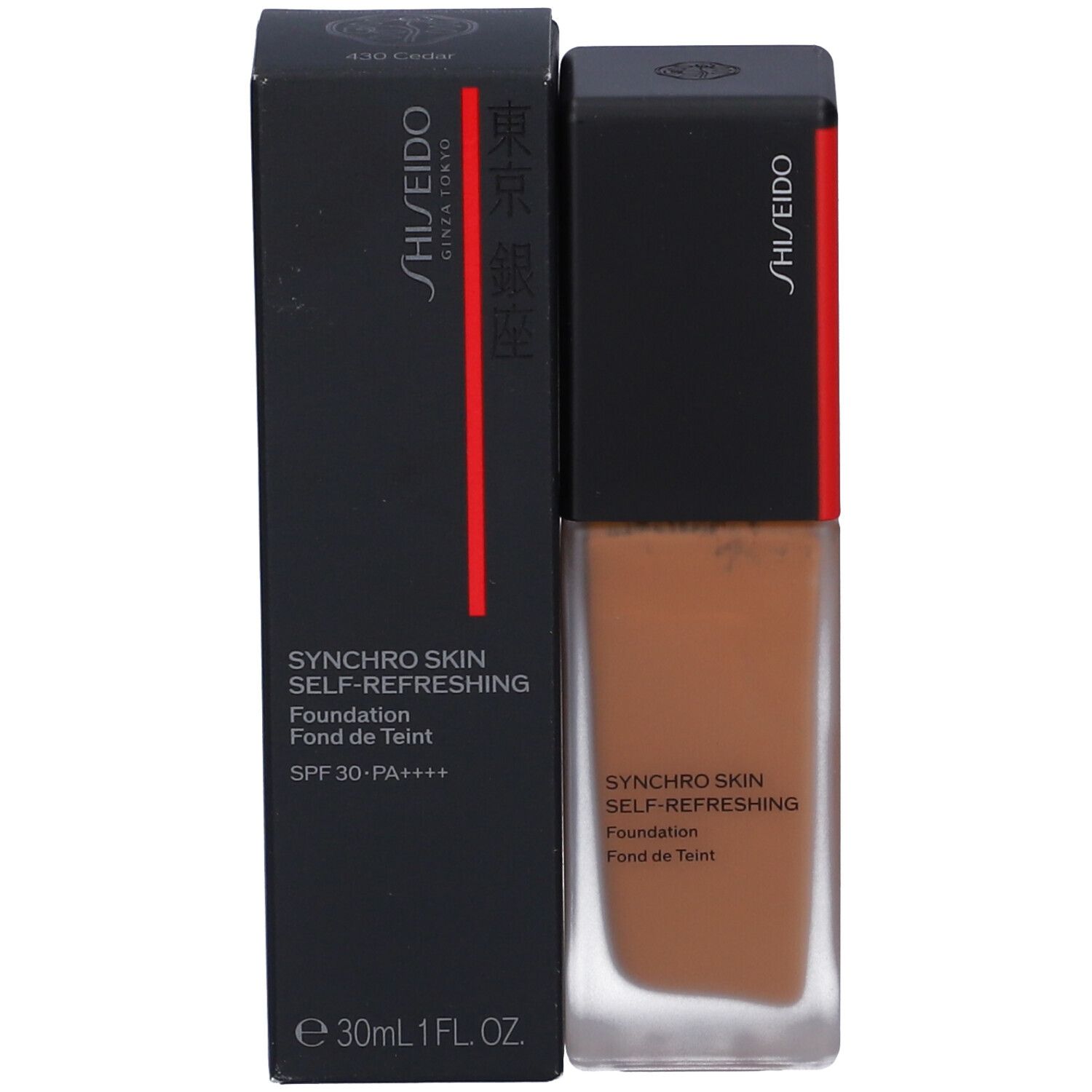 Shiseido Synchro Skin Self-Refreshing Foundation color marrone, SPF 30. Flacone da 30ml con scatola nera.