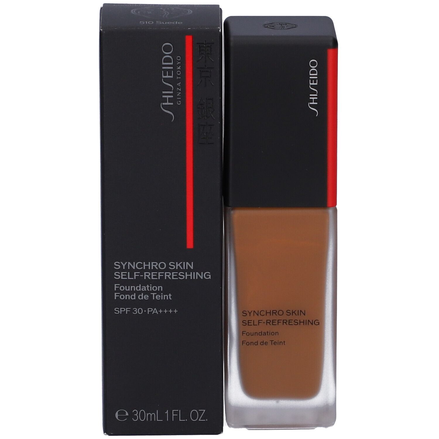 Shiseido Synchro Skin Self-Refreshing Foundation colorazione marrone, flacone da 30ml con scatola.