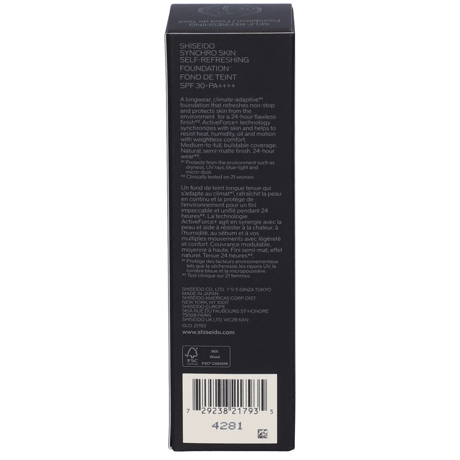 Shiseido Synchro Skin Foundation, SPF 30. Scatola scura con informazioni sul prodotto e codice a barre.