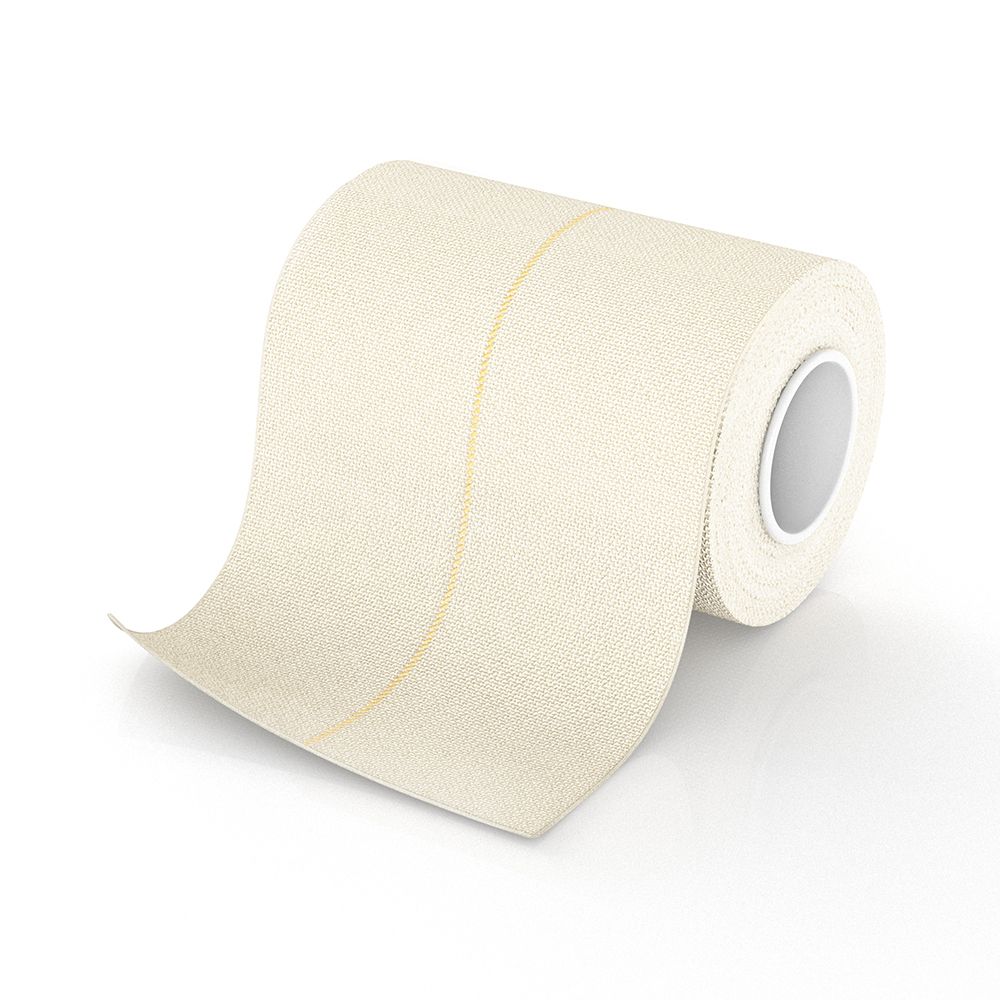 Rotolo di benda elastica beige. Linea gialla al centro. Su sfondo bianco.