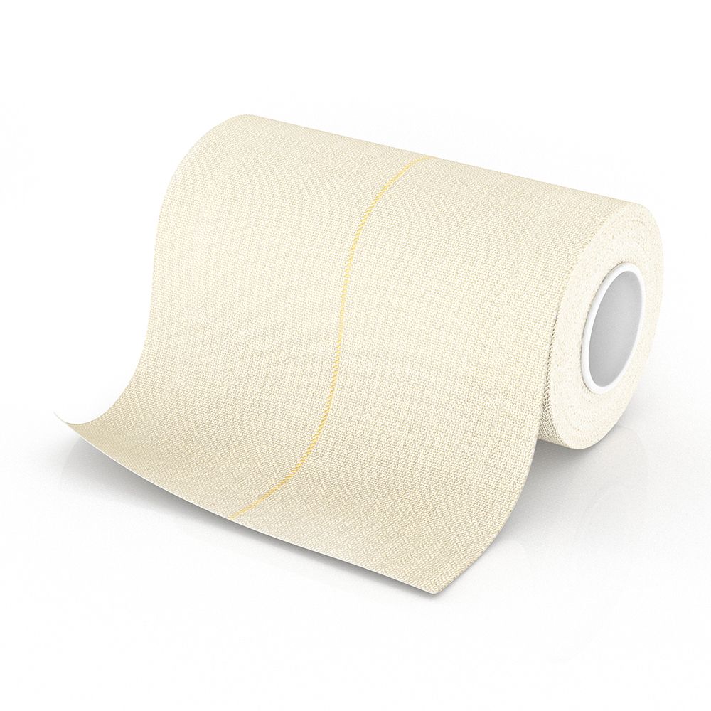 Benda elastica beige arrotolata. Linea gialla lungo il rotolo. Anima bianca visibile.