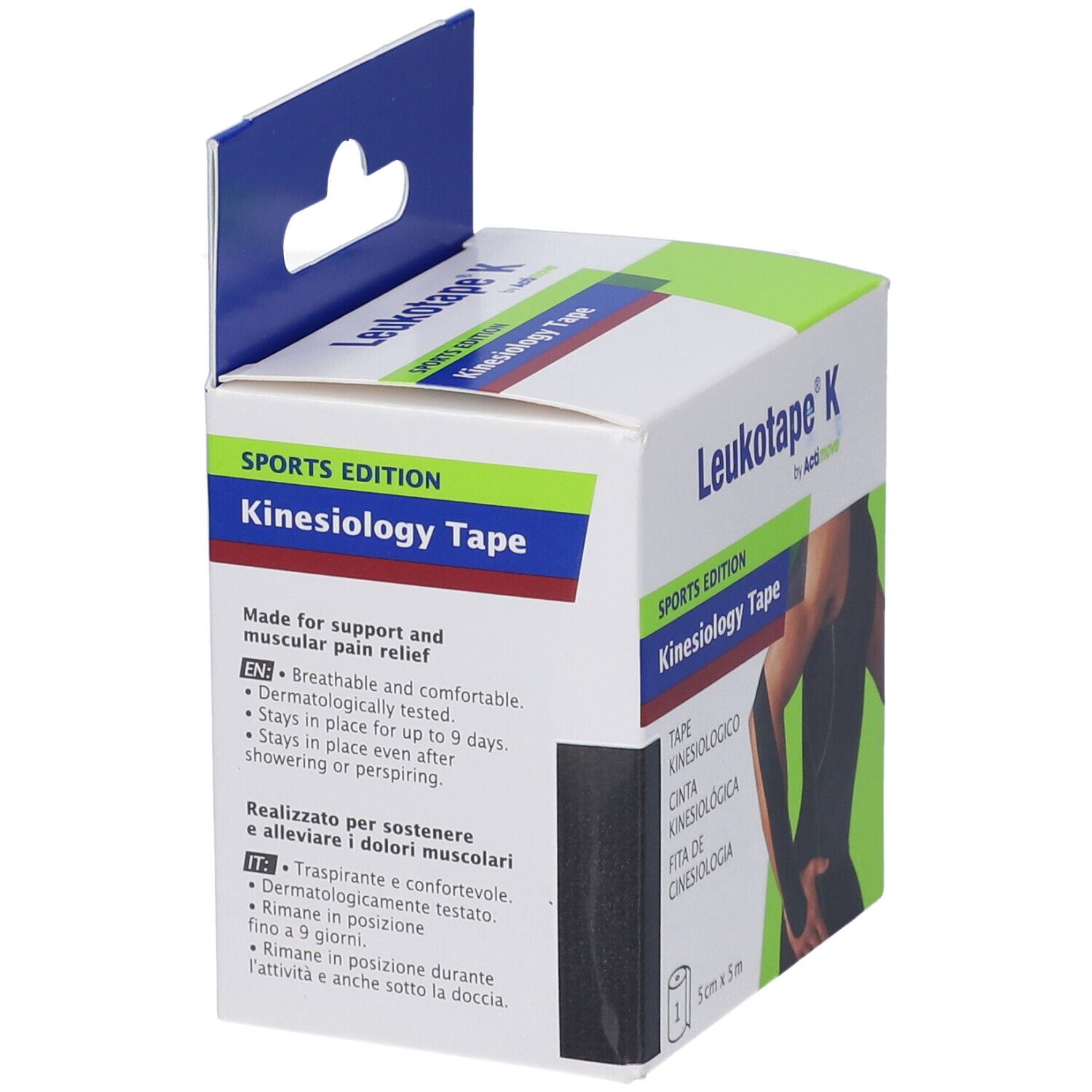 Confezione di Leukotape K, Sports Edition. Nastro kinesio nero, 5cm x 5m. Testo: 'Made for support and muscular pain relief'.